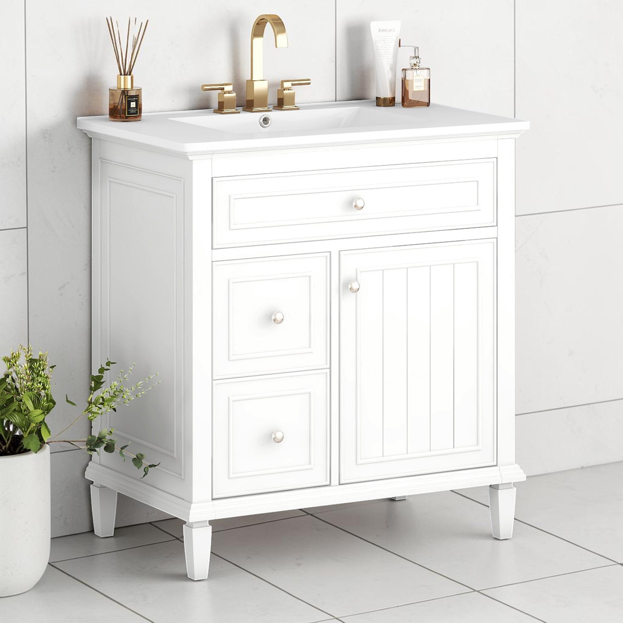 30 Inch Bathroom Vanity With Ceramic Sink Freestanding Solid Wood Mdf Cabinet With Flip Drawer Storage