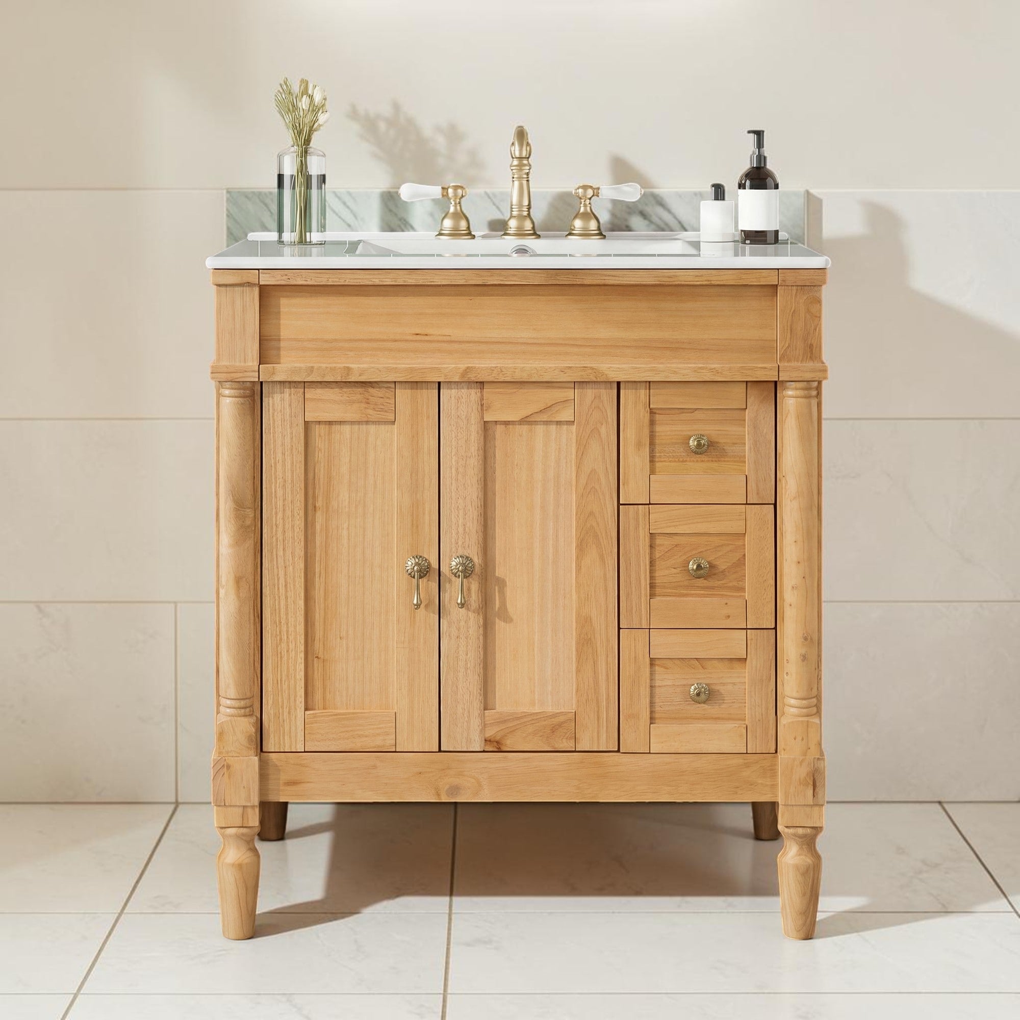 30 Inch Bathroom Vanity With Ceramic Sink Freestanding Storage Cabinet With 3 Drawers And Soft Close Doors
