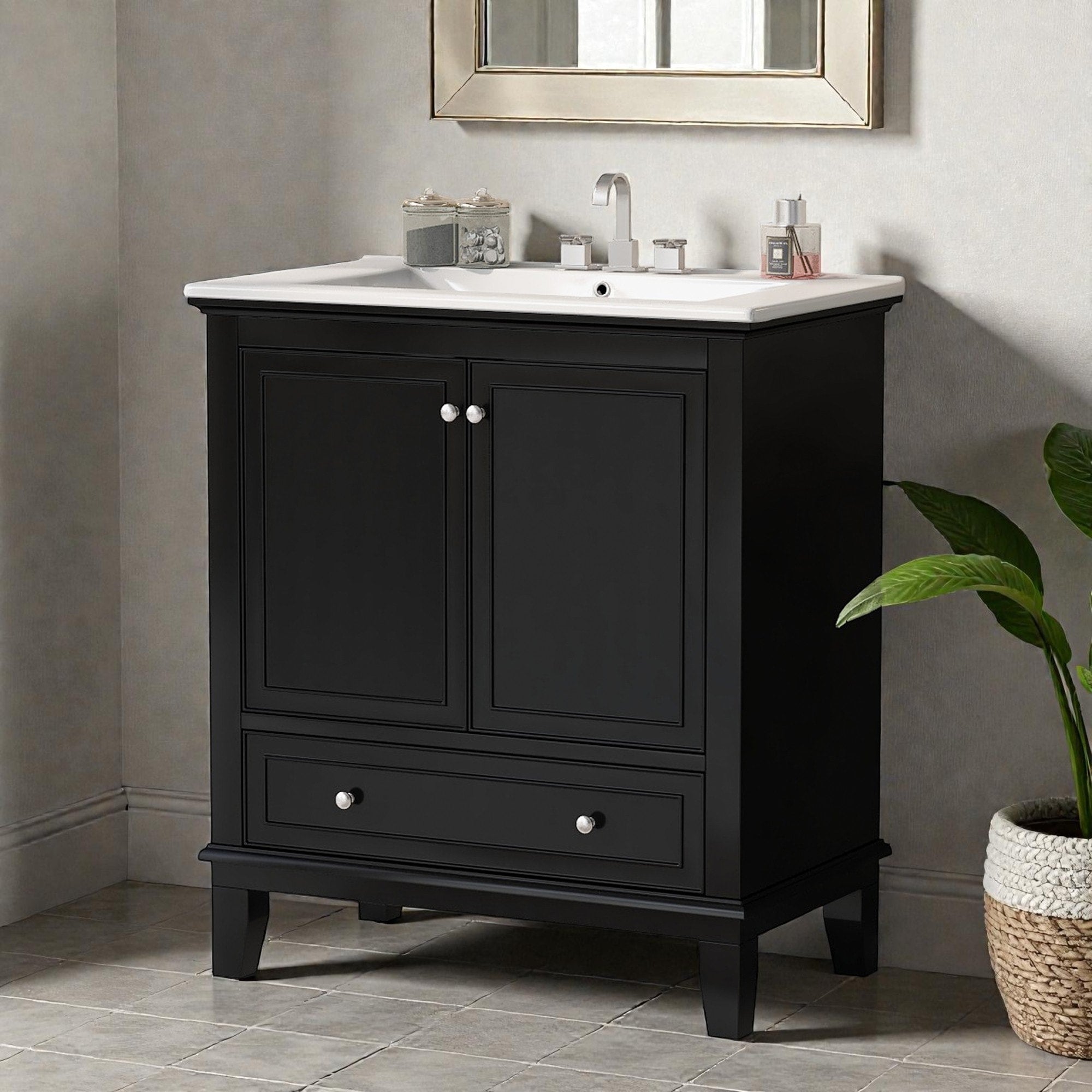 30 Inch Bathroom Vanity With Ceramic Sink Solid Wood Freestanding Vanity Cabinet With Doors And Drawer Modern Bath Storage