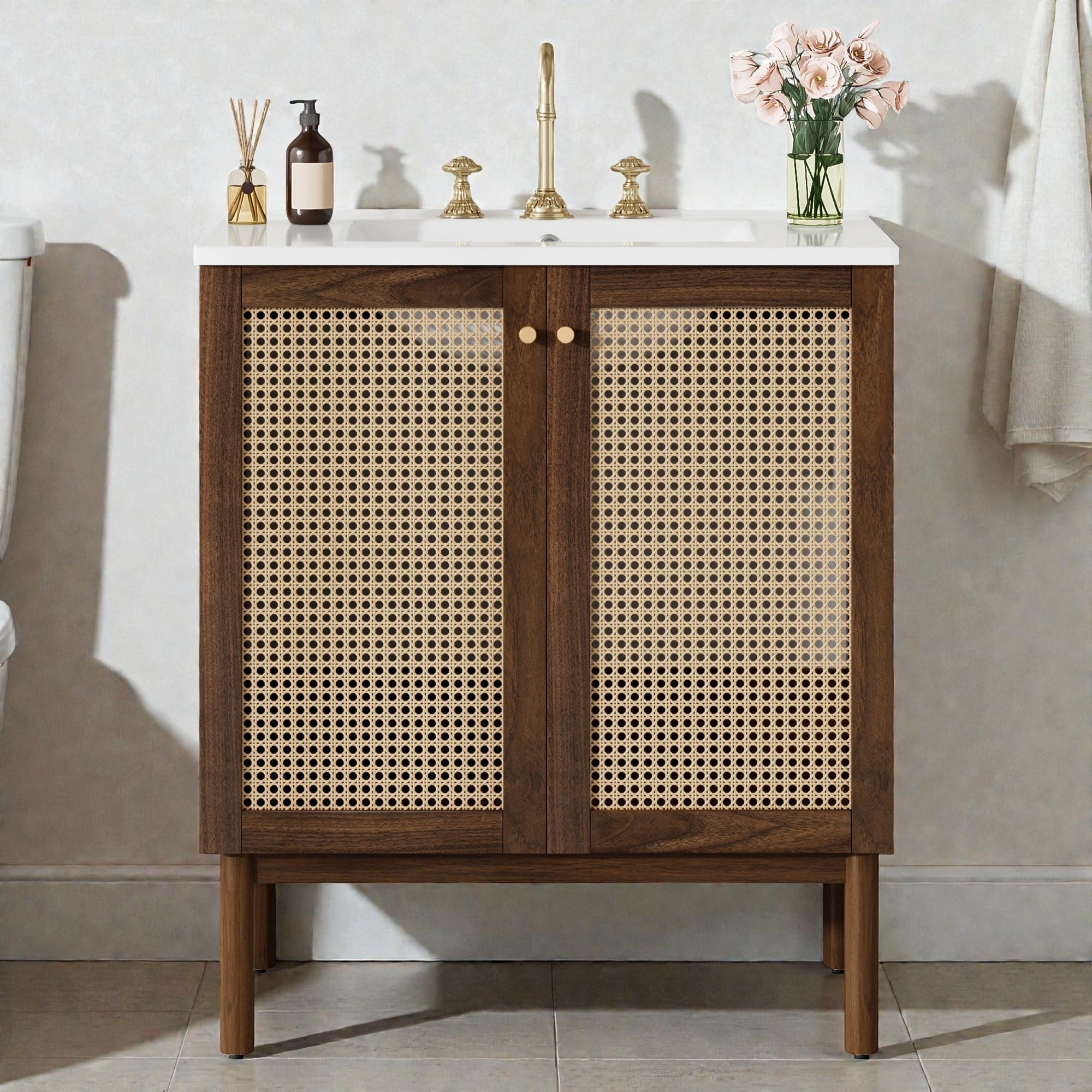 30 Inch Bathroom Vanity With Handwoven Bamboo Doors Ceramic Sink Soft Close Freestanding Mdf Cabinet