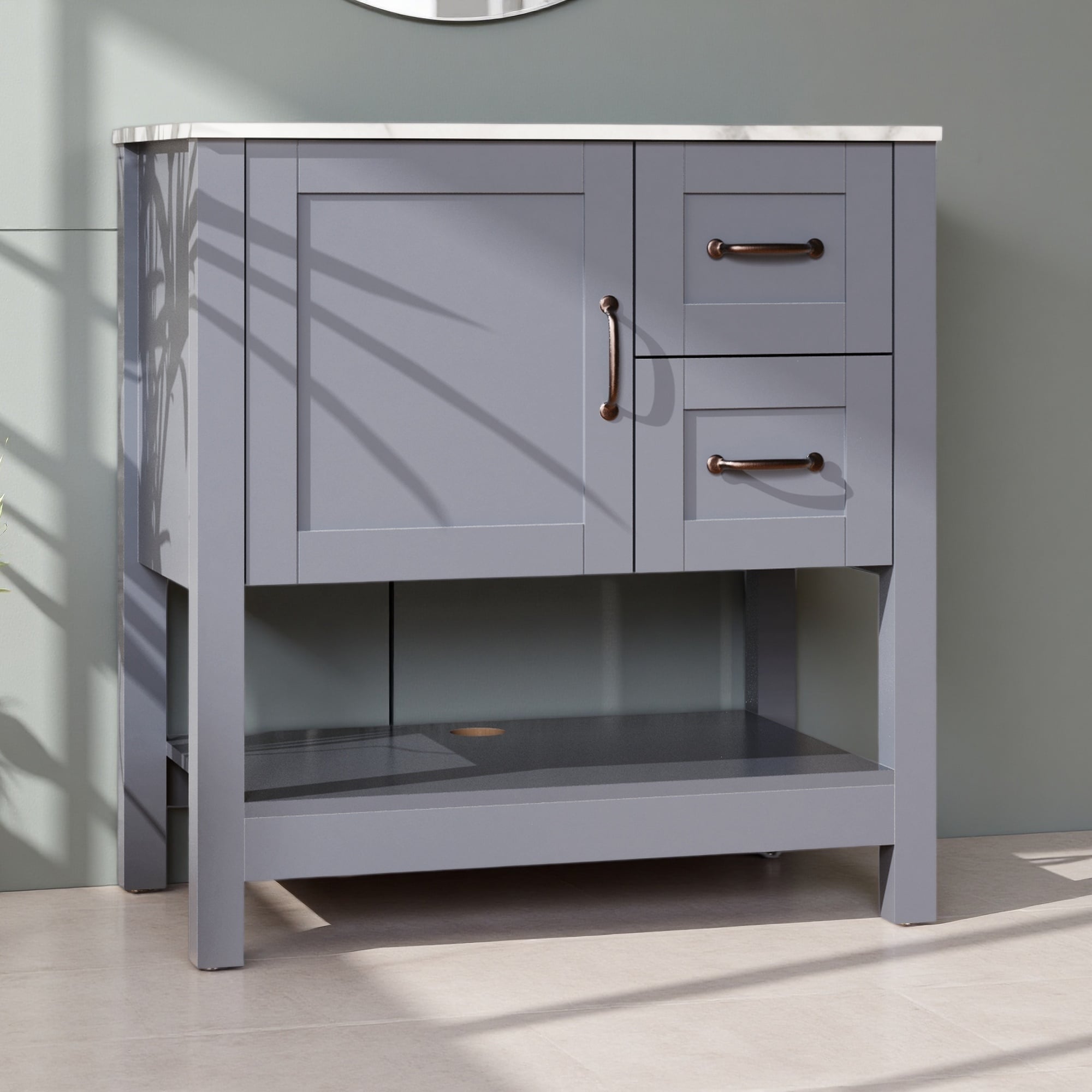 30 Inch Bathroom Vanity With Marble Pattern Top Mirror And Soft Closing Hinges Stylish Storage Solution For Any Bathroom