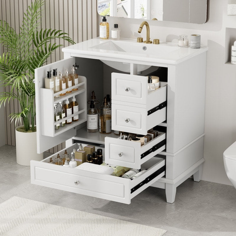 30 Inch Bathroom Vanity With Sink One Door With Shelf And Three Drawers Soft Close Door