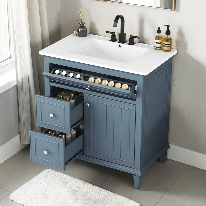 30 Inch Bathroom Vanity With Sink Modern Vanity Cabinet With One Flip Drawer And Two Storage Drawers