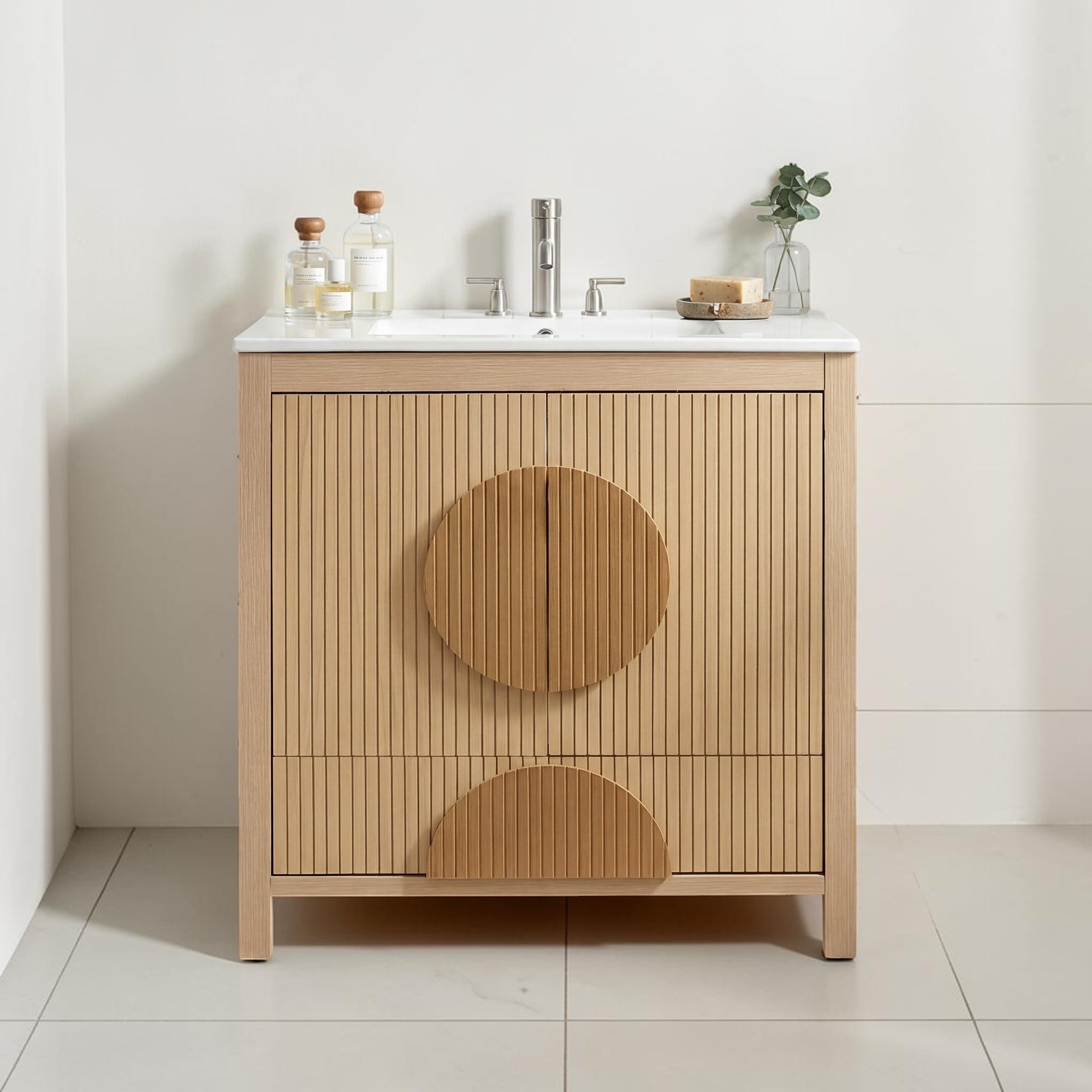 30 Inch Fluted Bathroom Vanity With Sink Freestanding Wood Cabinet With Drawer And Open Shelf Storage