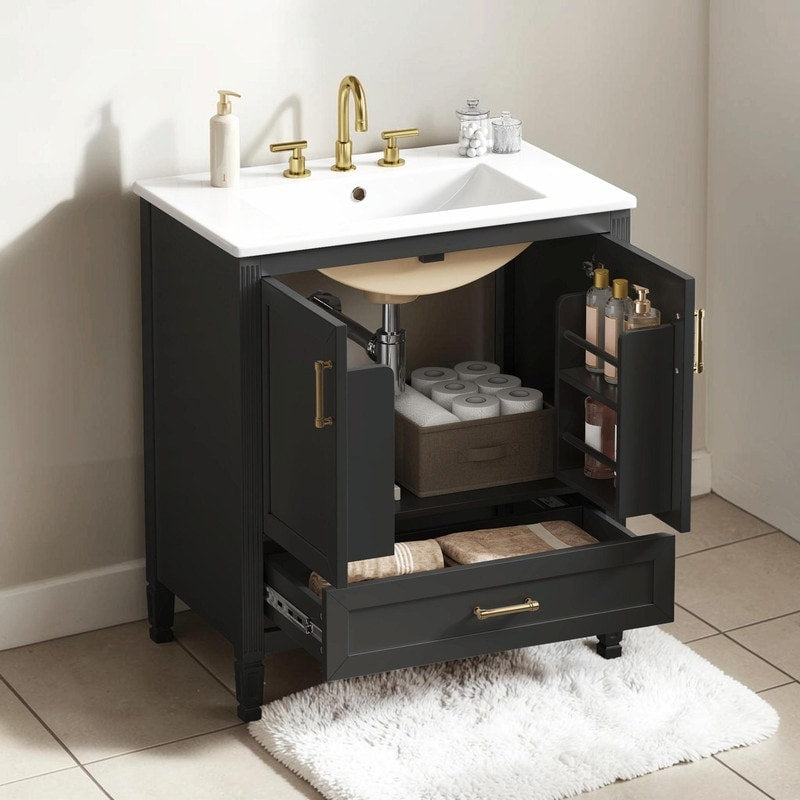 30 Inch Fluted Design Bathroom Vanity Ceramic Sink Soft Close Storage Solid Wood Legs