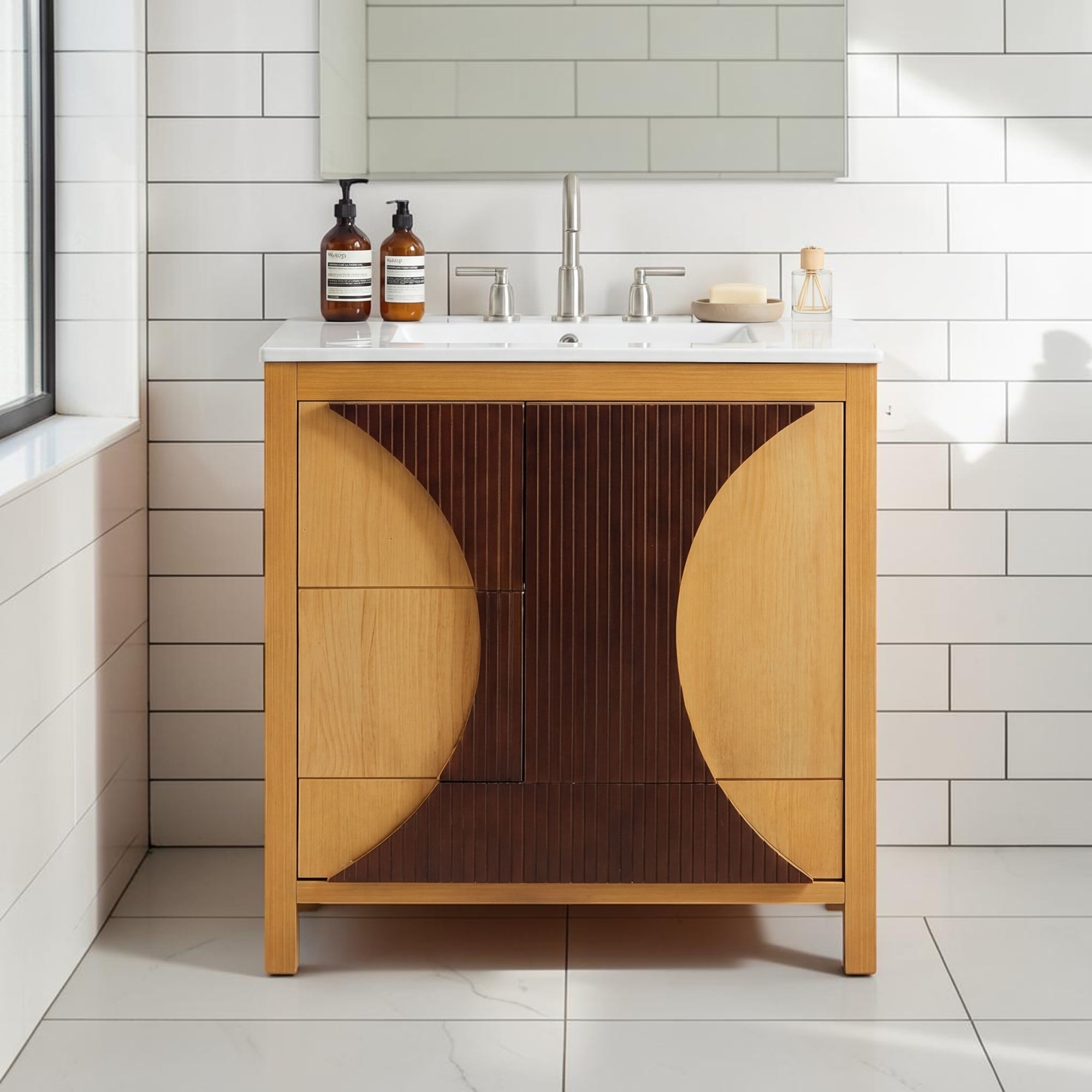 30 Inch Mid Century Modern Bathroom Vanity With Sink Freestanding Wood Cabinet With Drawers And Door