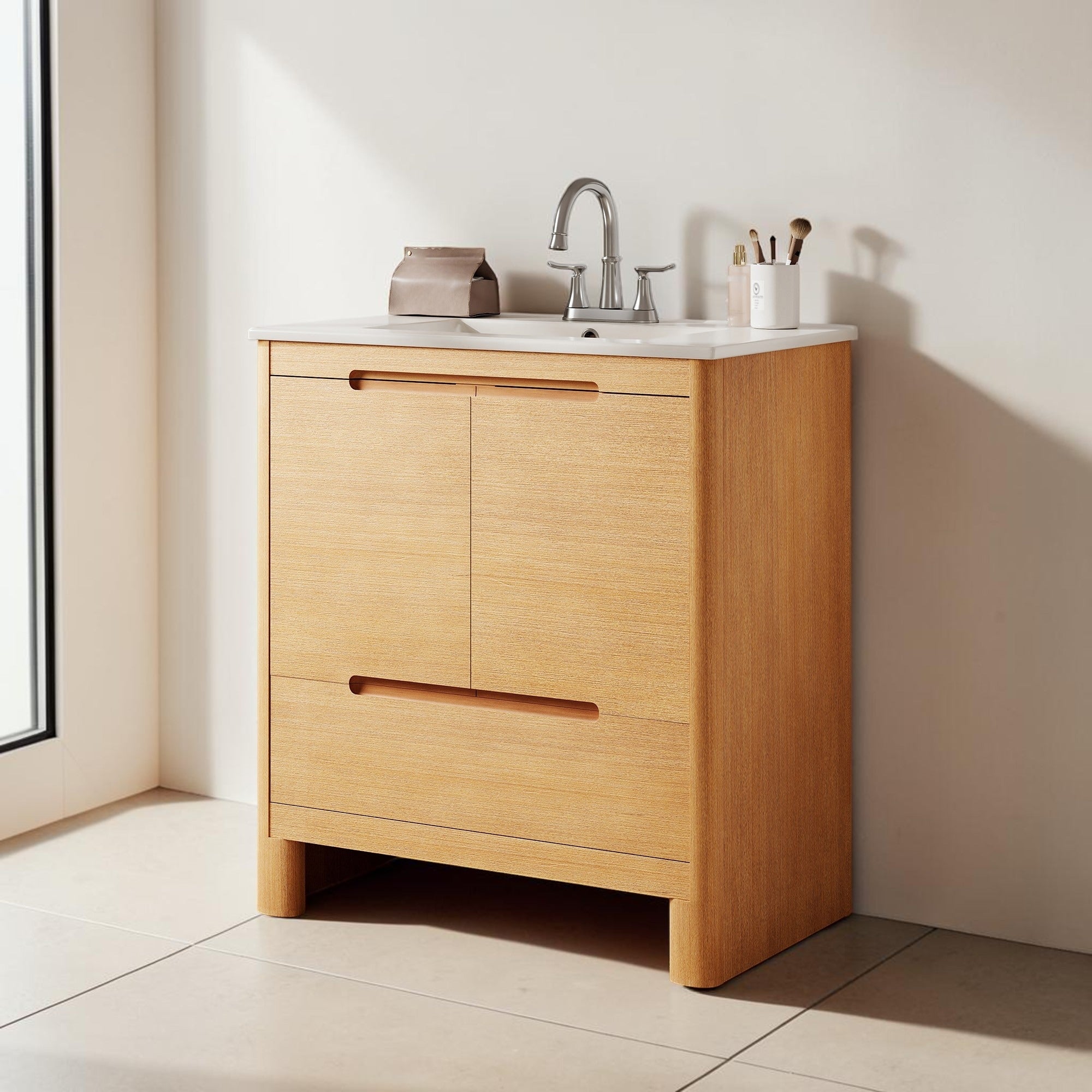 30 Inch Modern Bathroom Vanity With Ceramic Sink Natural Wood Grain Cabinet Soft Close Doors Drawer