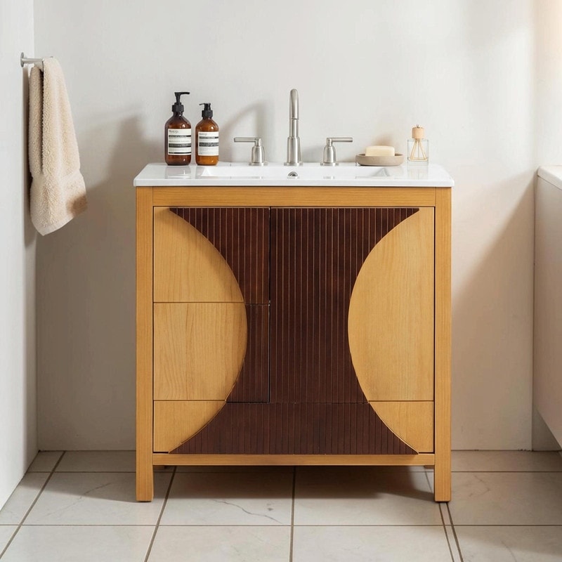 30 Inch Two Tone Fluted Bathroom Vanity Freestanding Mid Century Style With Sink Multi Storage Space