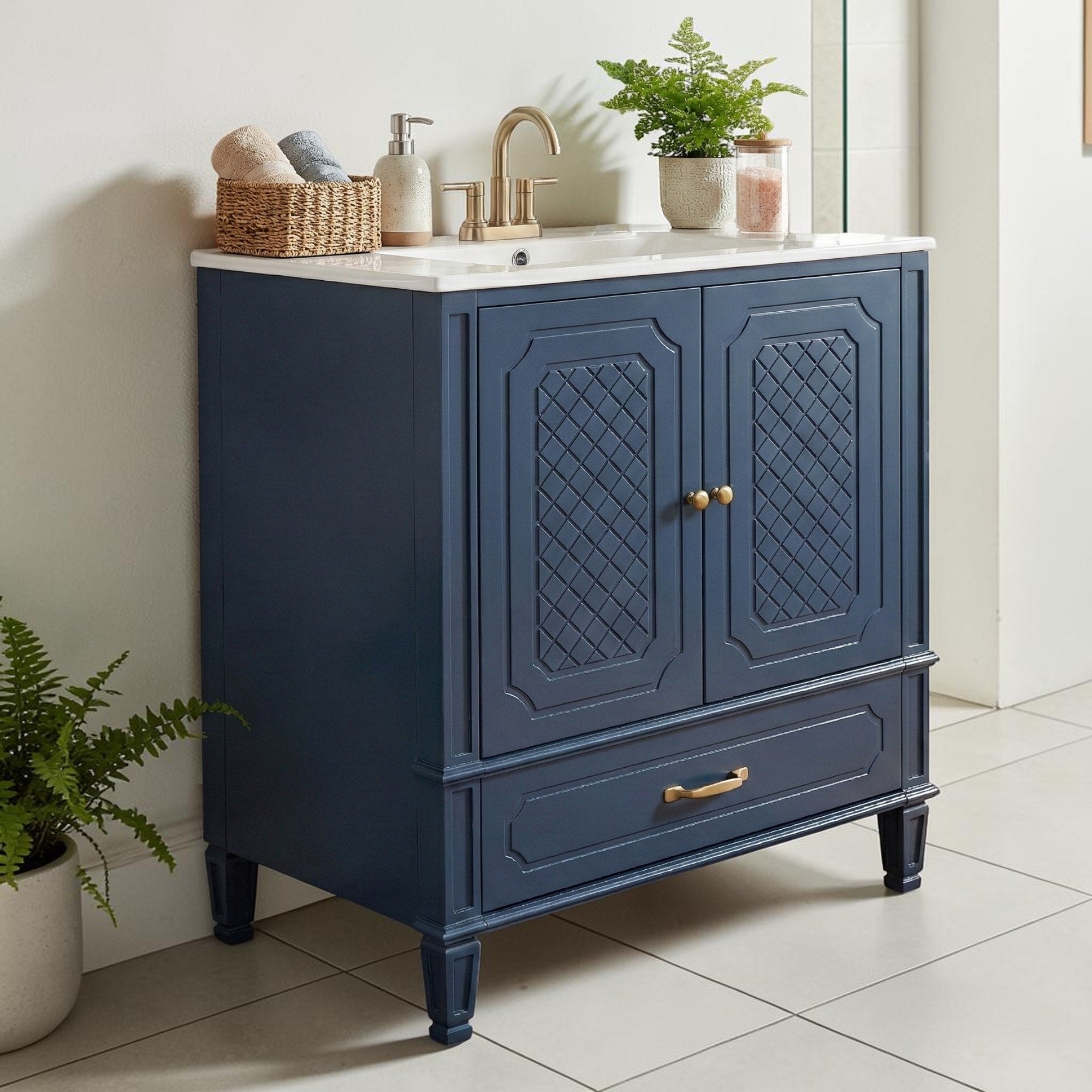 30 Inch Vintage Bathroom Vanity With Ceramic Sink Freestanding Cabinet With Soft Close Doors And Drawer