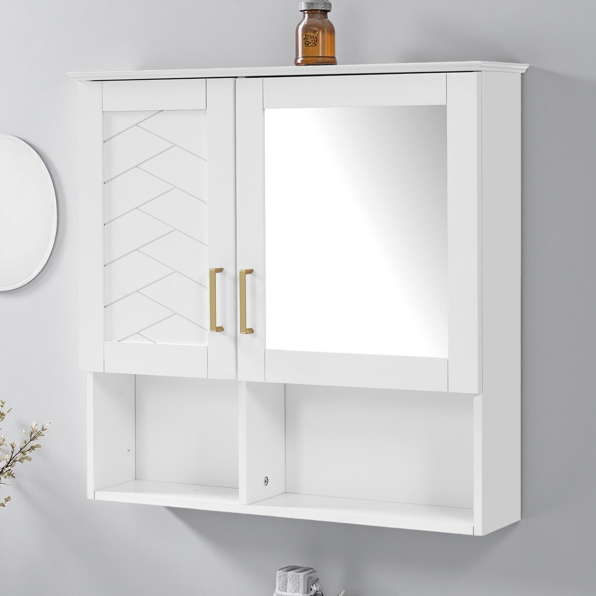 30 Inch Wall Mounted 2 In 1 Bathroom Mirror Cabinet With Adjustable Shelves Soft Close Doors Premium Mdf Rubber Wood