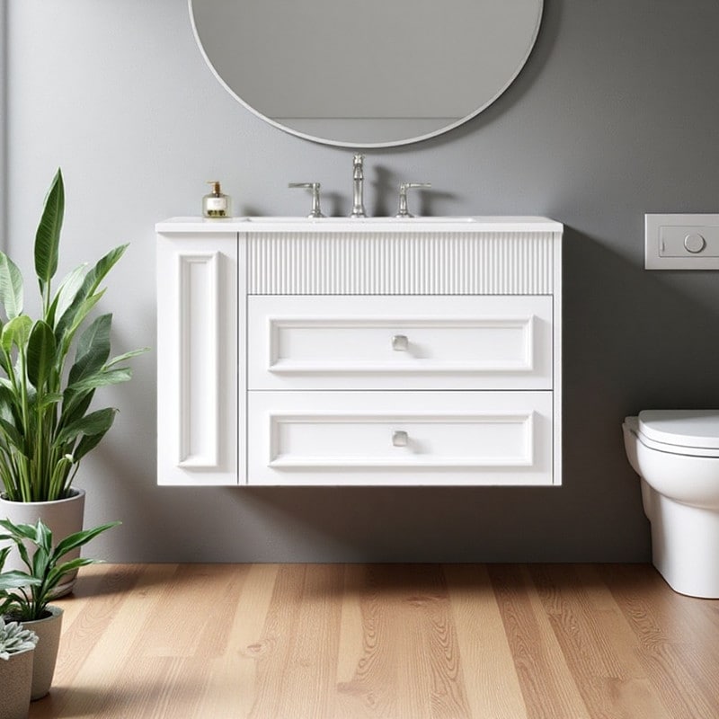30 Inch Wall Mounted Floating Bathroom Vanity With Ceramic Sink Modern Mdf Storage Cabinet With 2 Smooth Glide Drawers
