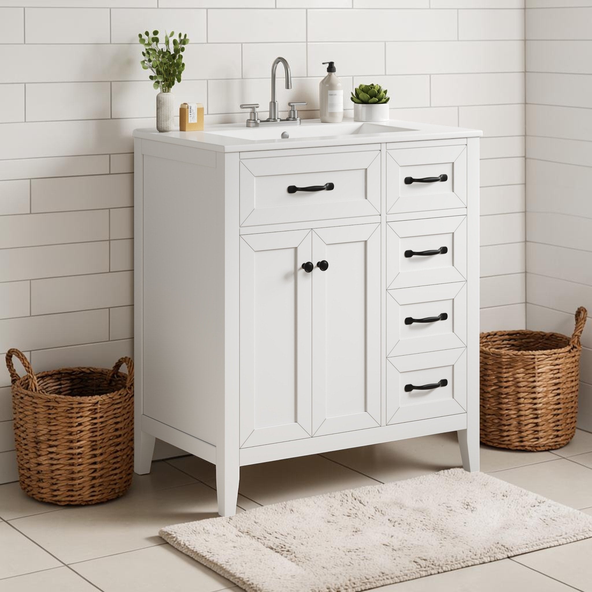 30 Inch White Bathroom Vanity With Ceramic Sink Freestanding Cabinet With Soft Close Drawers And Doors