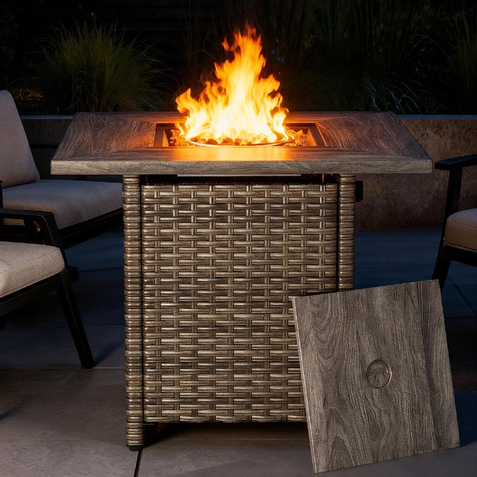 30 In. Square Brown Wicker And Metal Propane Gas Outdoor Fire Pit Table With Lava Rocks 50000 Btu