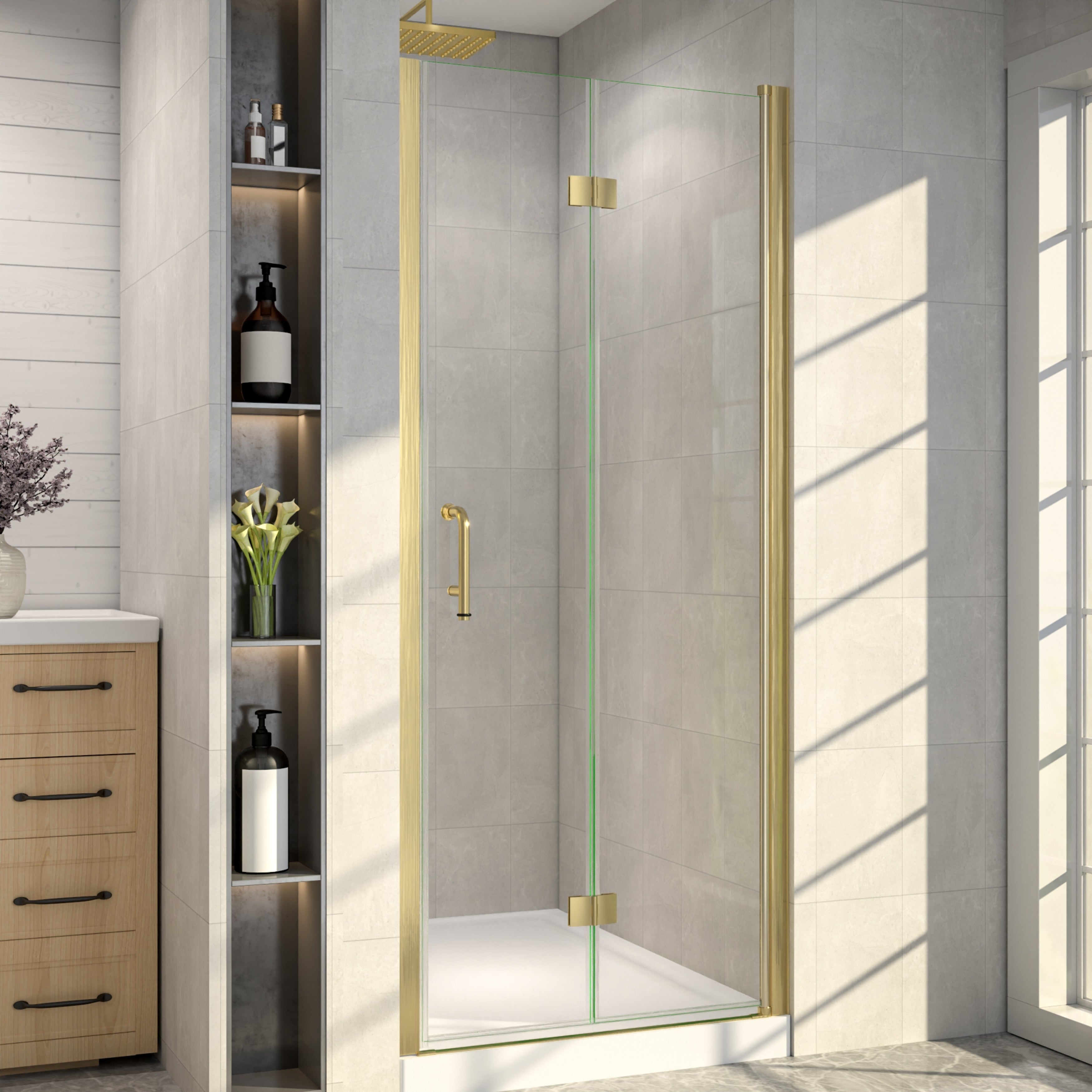 30 In. W X 72 In. H Semi Frameless Pivot Folding Shower Door With 1 4 Clear Tempered Glass Reversible Installation