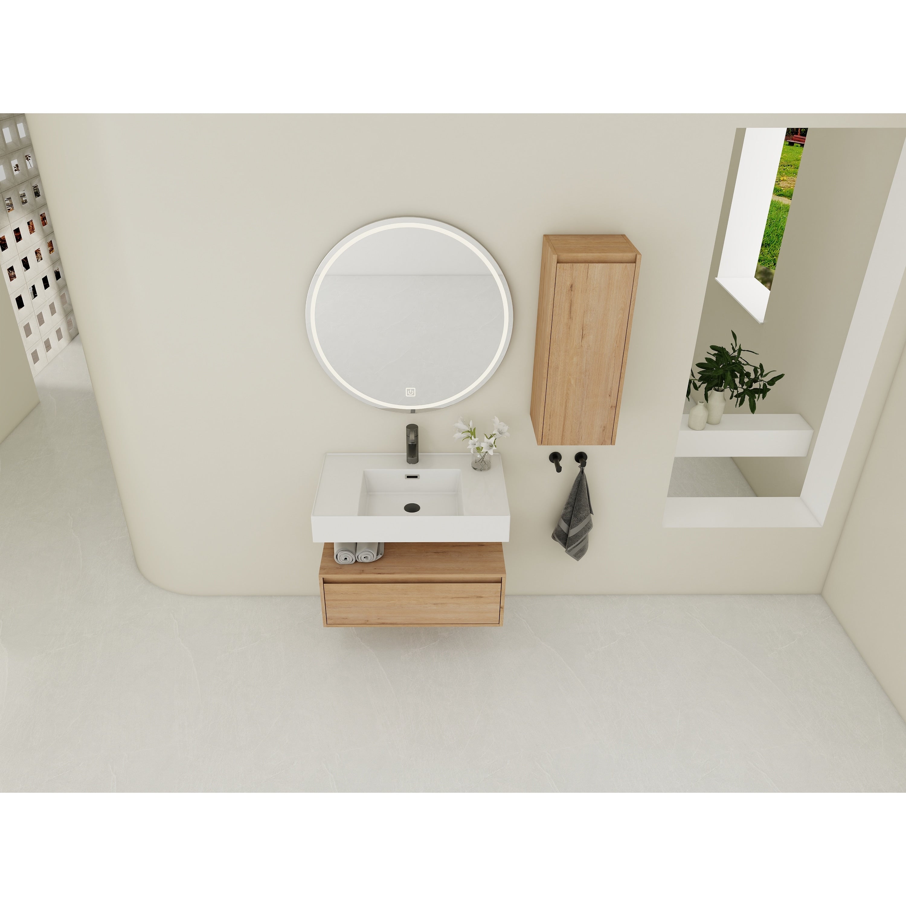 30 Inch Wall Mounted Bathroom Vanity With Resin Sink And Side Cabinet Soft Close Drawer Kd Packing
