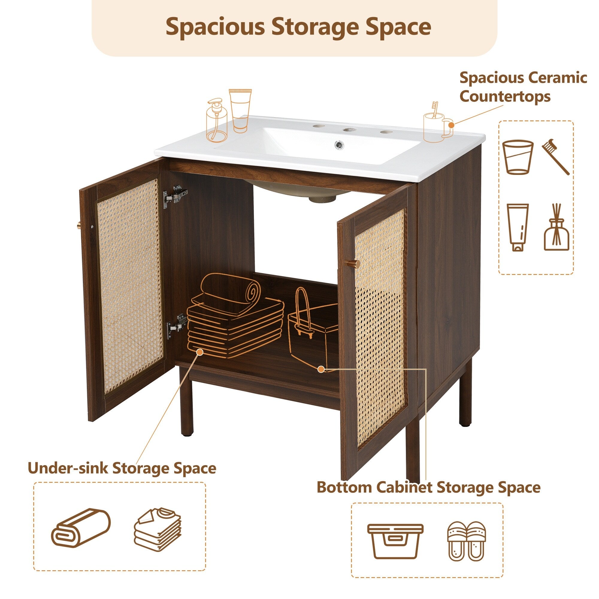 30 Inch Bathroom Vanity Crafted From Natural Materials Featuring Handmade Rattan Doors
