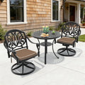 30.71 In Round Black Outdoor Dining Table With Unbrella Hole 2 Swivel Black Frame Outdoor Chairs With Brown Cushion
