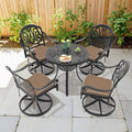 30.71 In Round Black Outdoor Dining Table With Unbrella Hole 4 Swivel Black Frame Outdoor Chairs With Brown Cushion