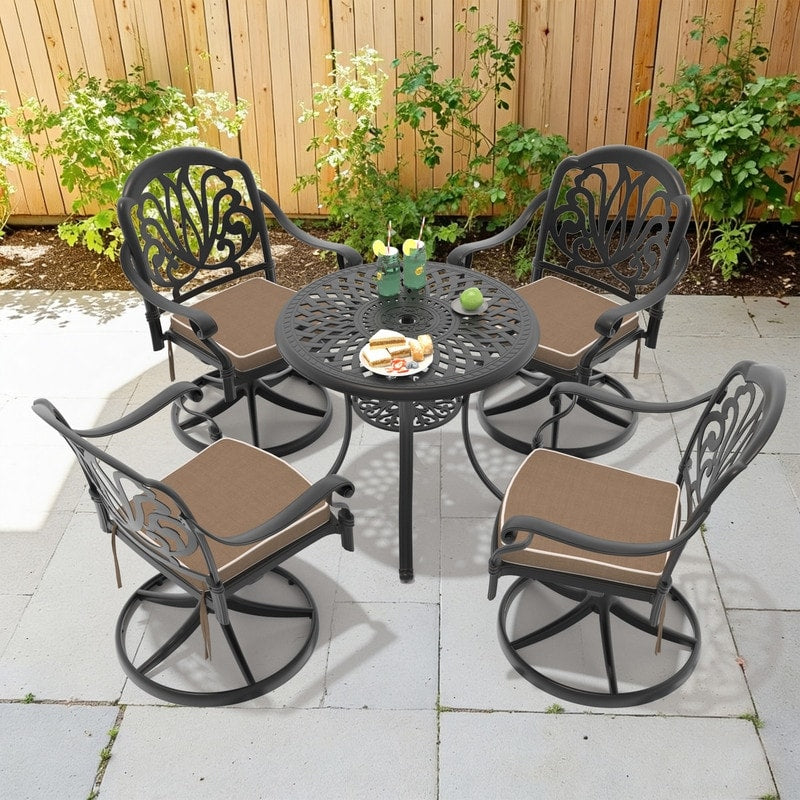 30.71 In Round Black Outdoor Dining Table With Unbrella Hole 4 Swivel Black Frame Outdoor Chairs With Brown Cushion