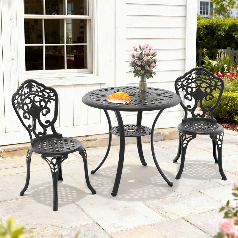 30.71In Round Black Cast Aluminum Outdoor Dining Table With Unbrella Hole 2 Outdoor Dining Chairs Without Cushion