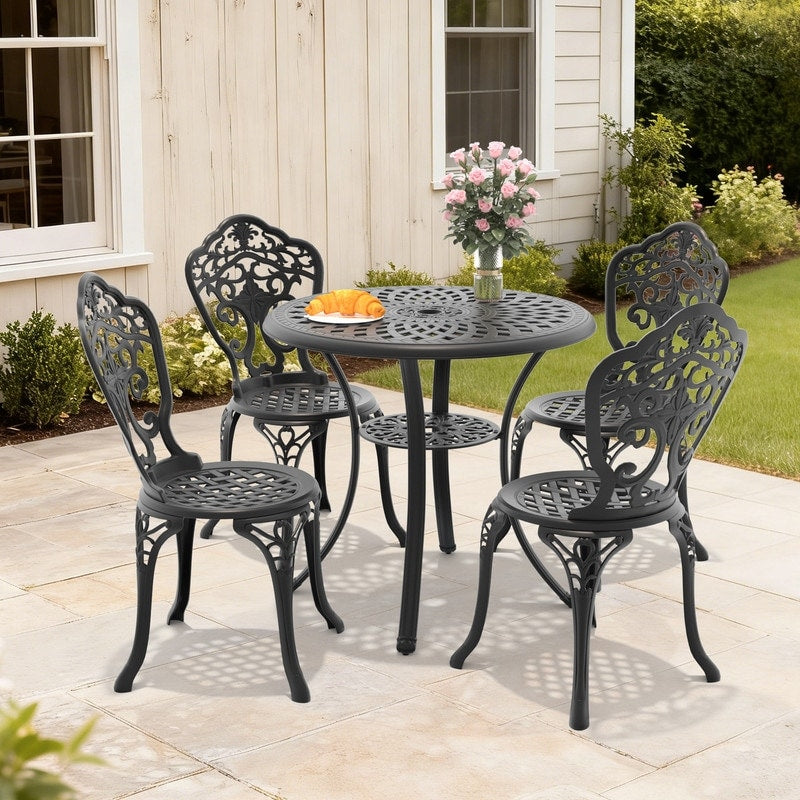 30.71In Round Black Cast Aluminum Outdoor Dining Table With Unbrella Hole 4 Outdoor Dining Chairs Without Cushion