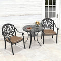 30.71In Round Black Cast Aluminum Outdoor Dining Table With Unbrella Hole 2 Outdoor Chairs With Brown Cushions 3 Piece Set