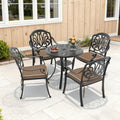 30.71In Round Black Cast Aluminum Outdoor Dining Table With Unbrella Hole 4 Outdoor Chairs With Brown Cushions 5 Piece Set