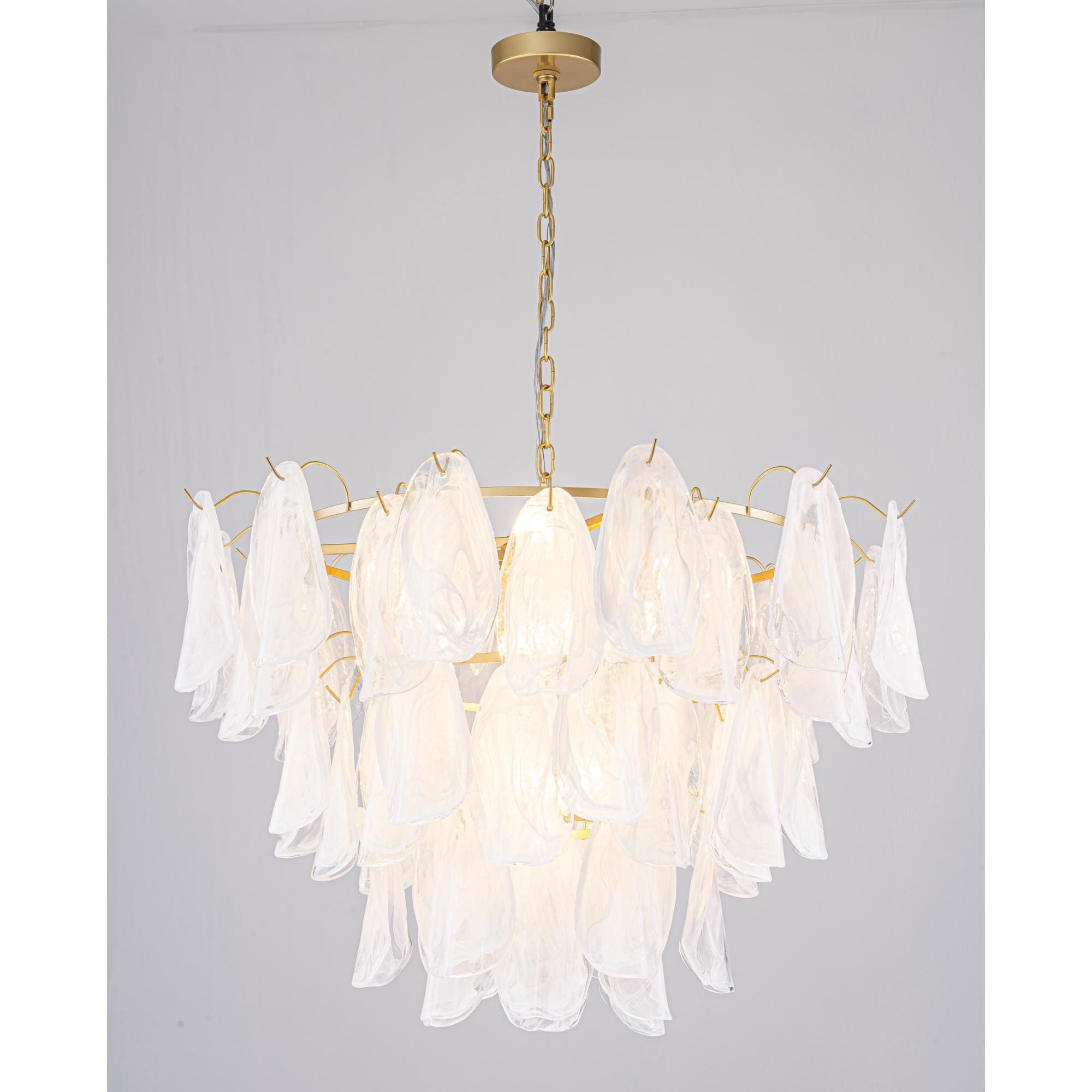 30.7 Luxury Glam Painted Gold 4 Light Tiered Chandelier With Cloudy Textured Leaves Glass Shades For Lving Dining Room