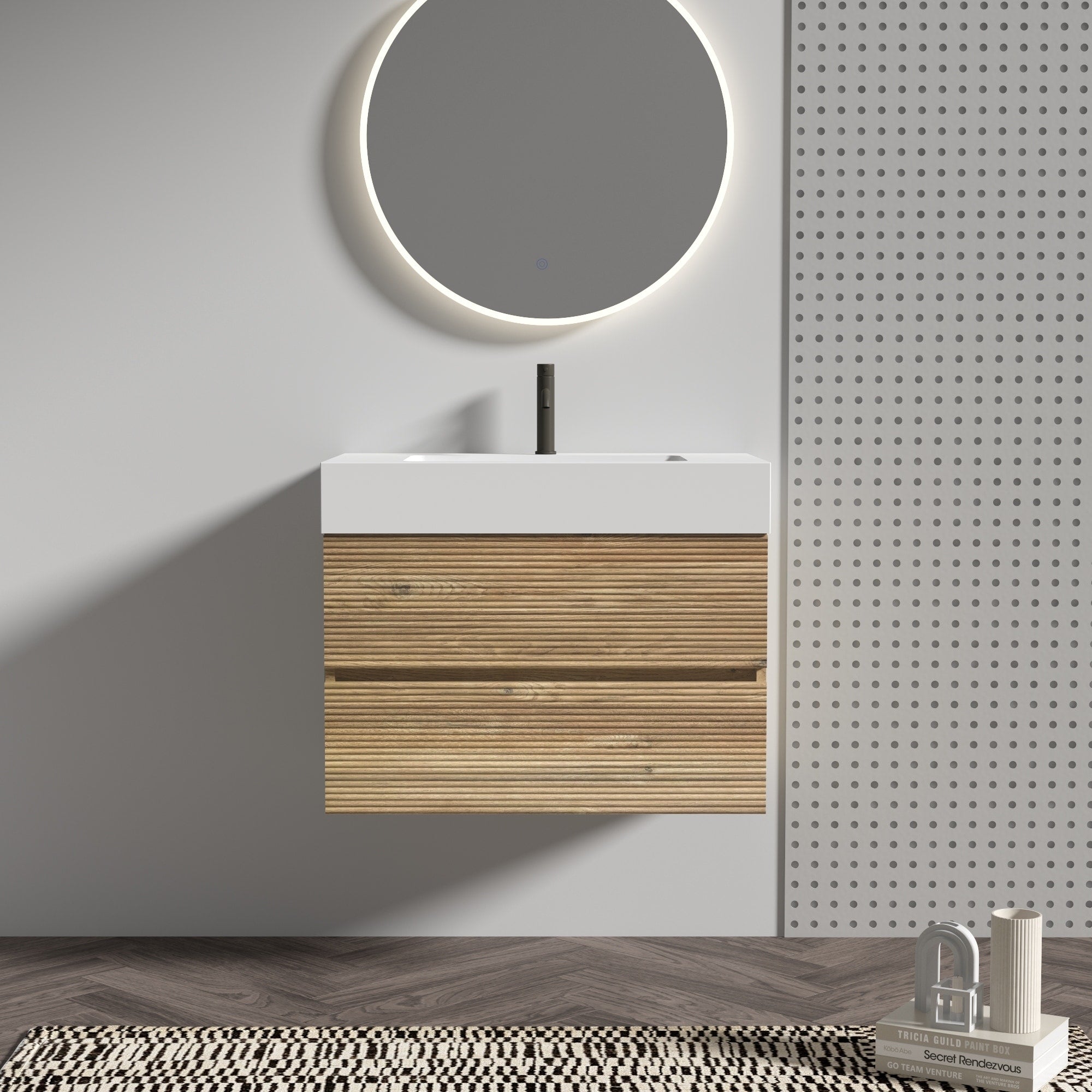 30Inch Rough Oak Bathroom Vanity Quartz Sink And Soft Drawers Wall Mounted Floating Bathroom Vanity Without Drainage And Faucet