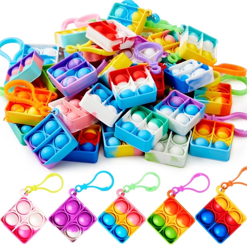 30Pack Square Pop Fidget Keychain Toys Bulk Multicolor