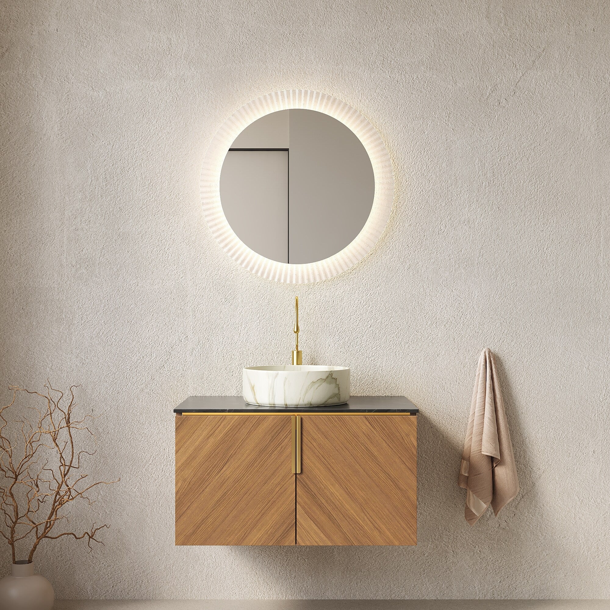 30 Bathroom Vanity Sink Floating Plywood Bathroom Storage Cabinet With 2 Doors Sintered Stone Countertop Round Ceramic Basin