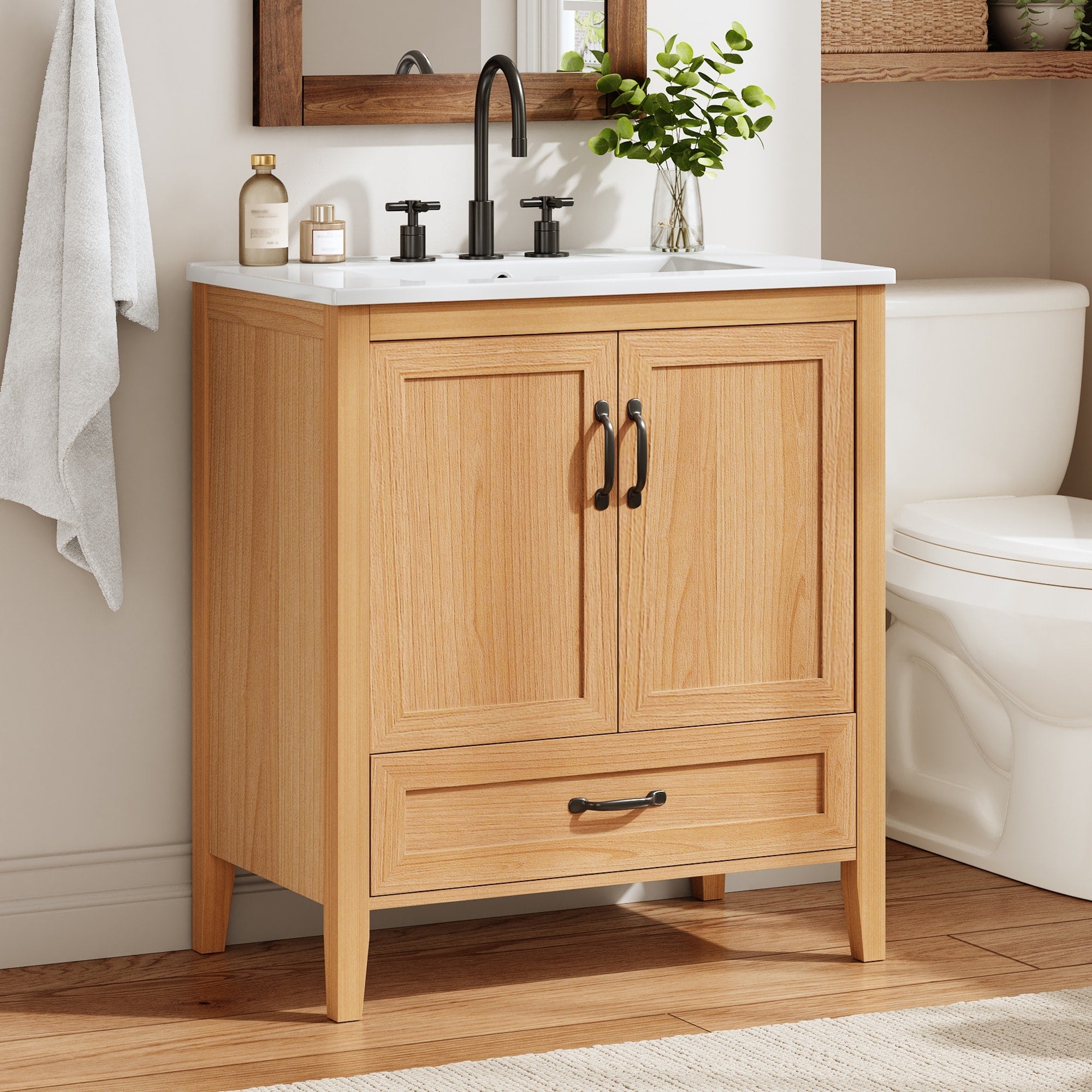 30 Bathroom Vanity With Ceramic Sink Top Soft Close Double Doors Bottom Drawer Adjustable Interior Shelf