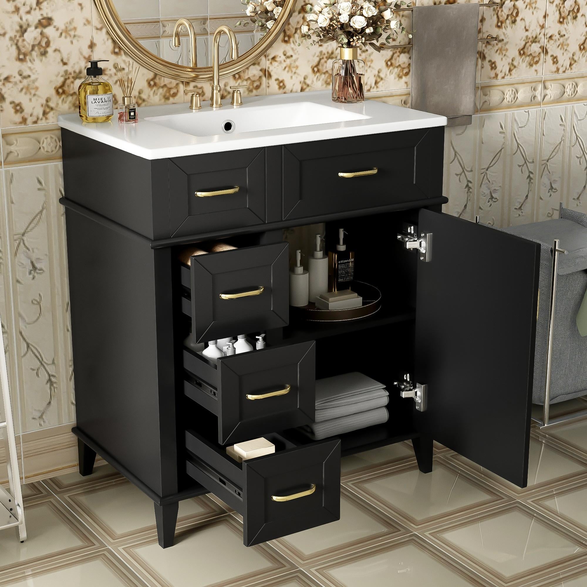 30 Bathroom Vanity With Ceramic Sink Adjustable Shelf Soft Close Door And Three Soft Close Drawers