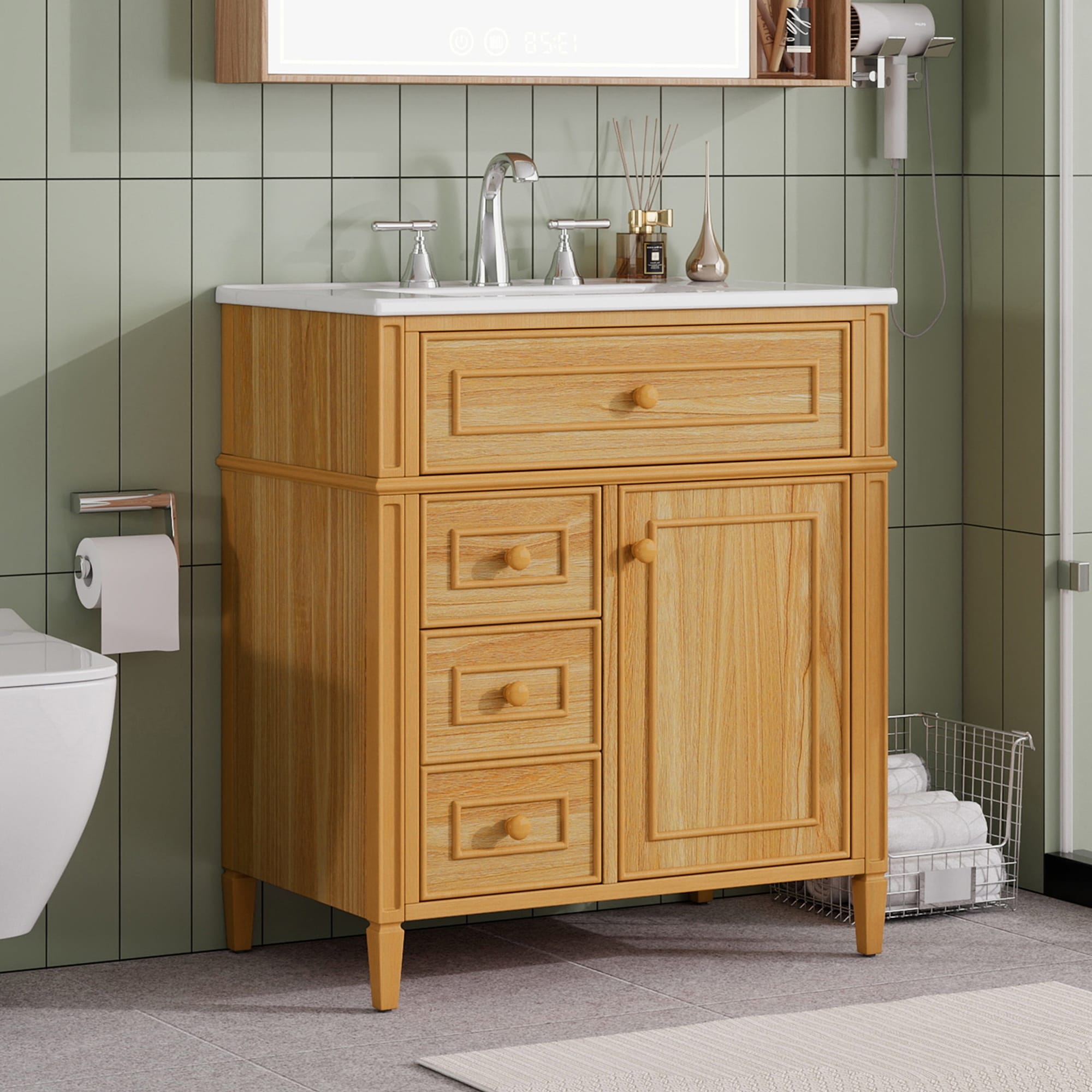 30 Bathroom Vanity With Ceramic Sink Solid Pine Wood Frame Freestanding Vanity 30Inches
