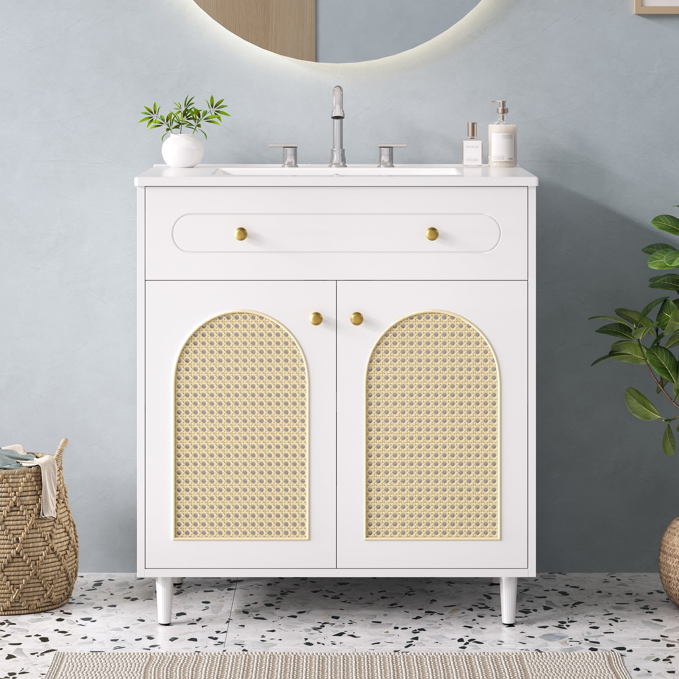 30 Bathroom Vanity With Ceramic Sink Solid Wood Frame Bathroom Sink Cabinet With Adjustable Shelf Tip Drawer
