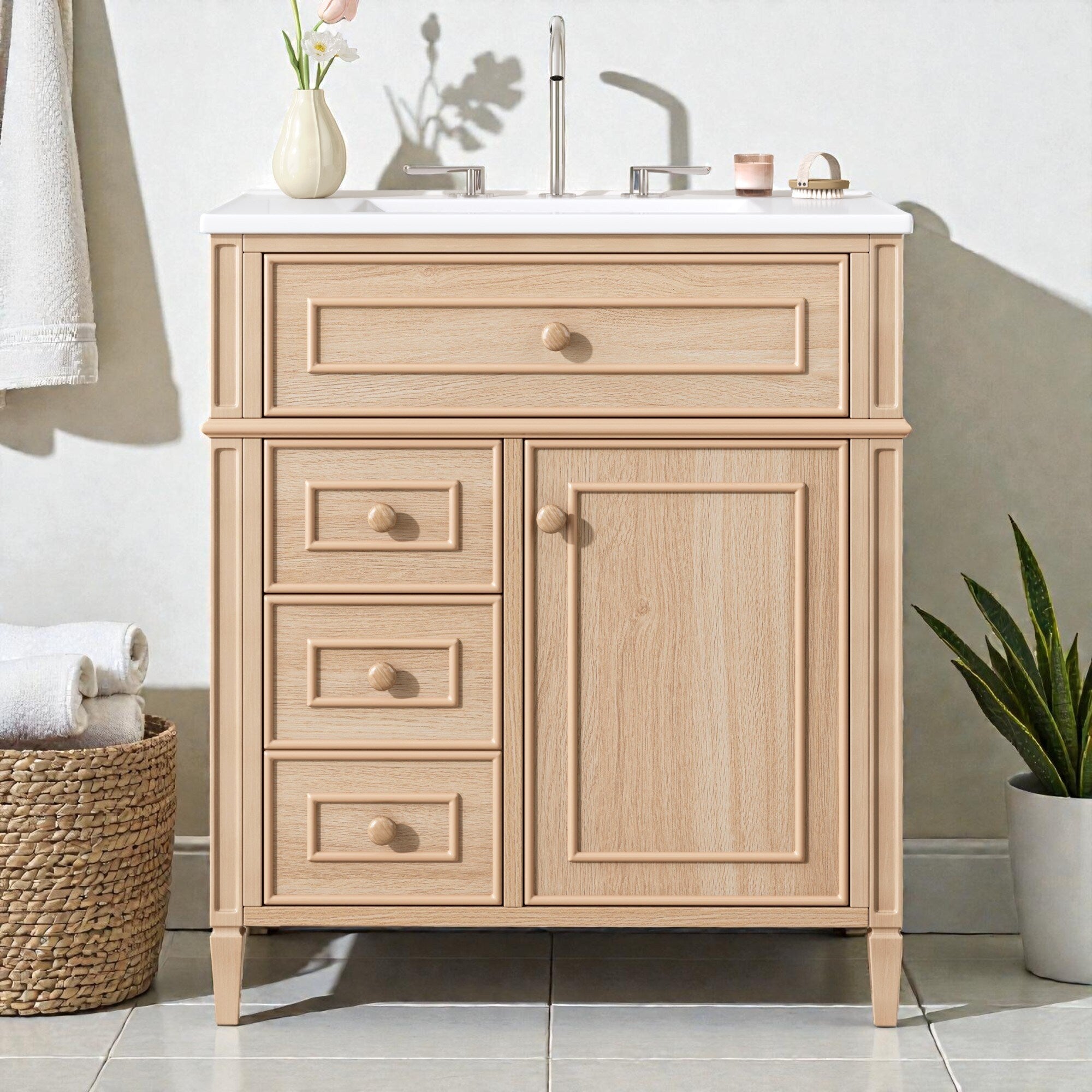 30 Bathroom Vanity With Ceramic Sink Wood Cabinet With Flip Out Drawer Soft Close Drawers And Door