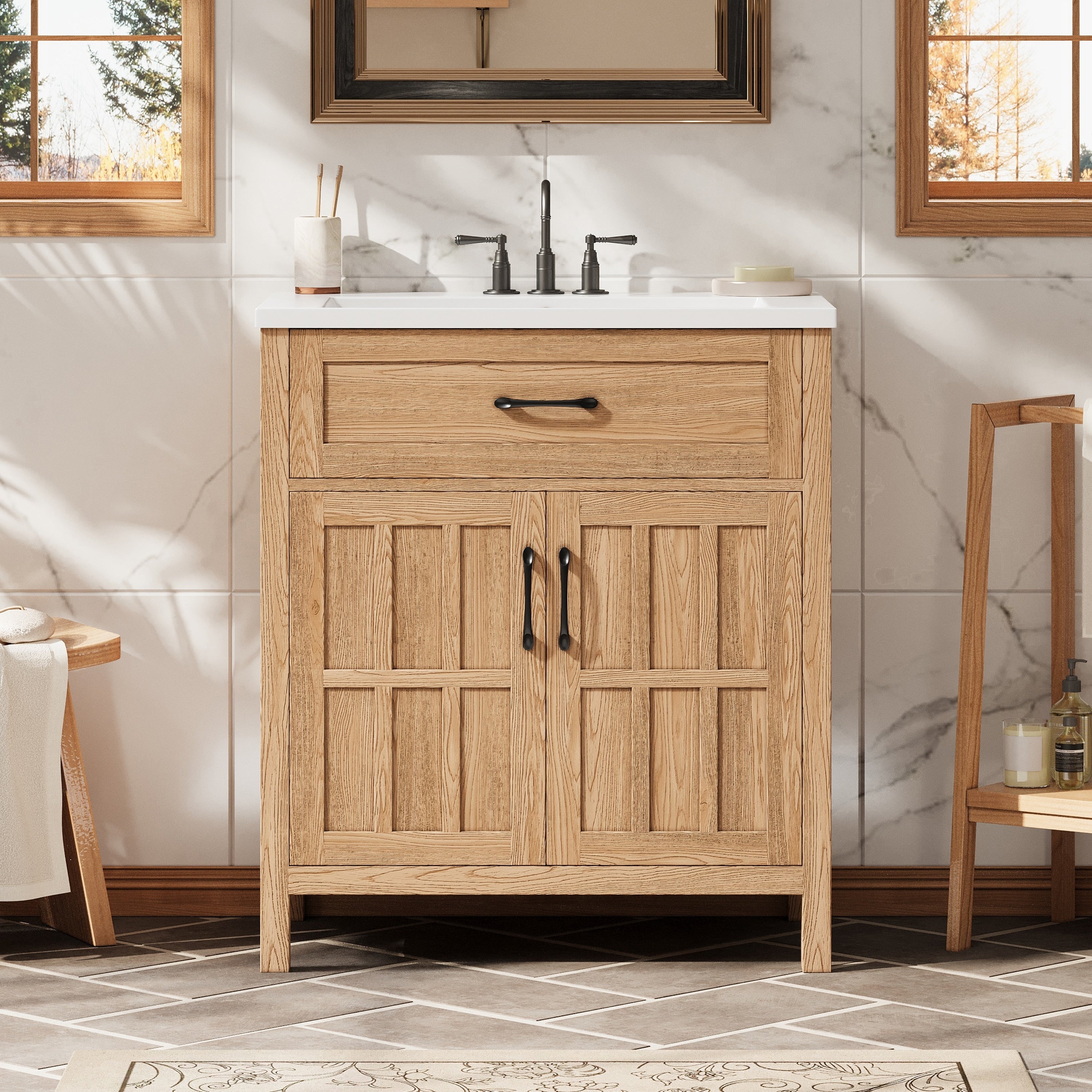 30 Bathroom Vanity With Resin Sink Solid Wood Frame Bathroom Sink Cabinet With Adjustable Shelf Cabinet Door Organizers