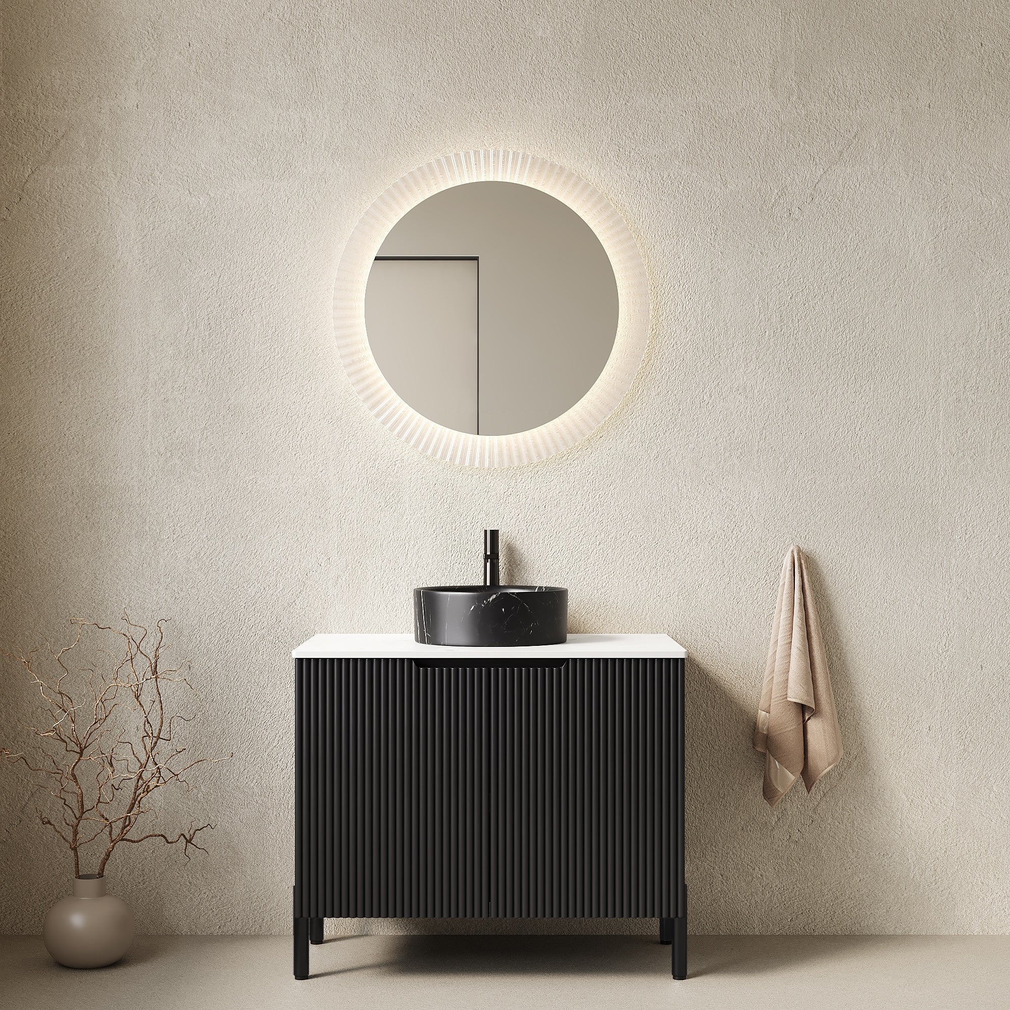30 Bathroom Vanity With Sink Freestanding Bathroom Storage Cabinet With 2 Doors Black Round Ceramic Basin With Stone Pattern