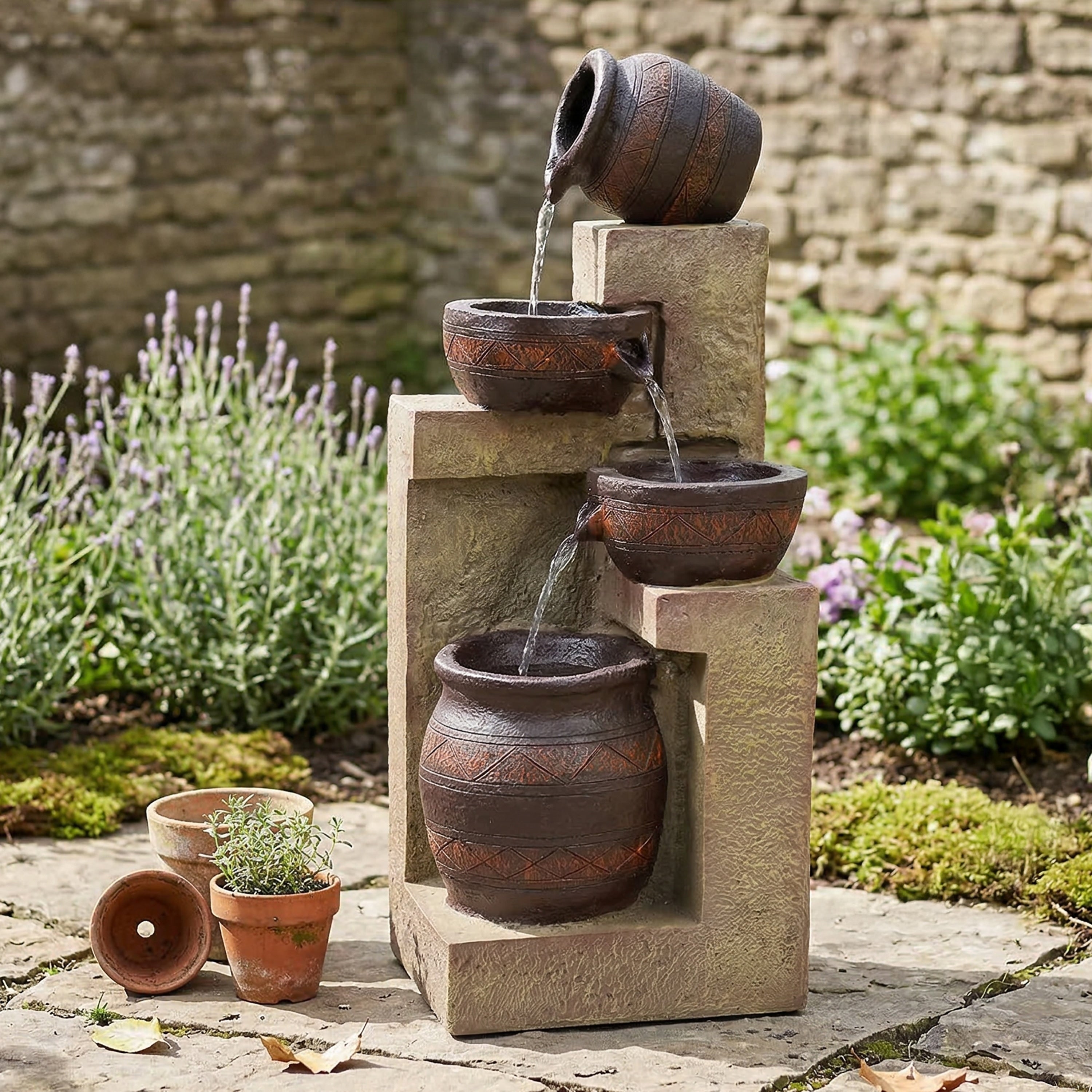 Sunnydaze Cascading Terra Bowls Solar On Demand Water Fountain With Led Light
