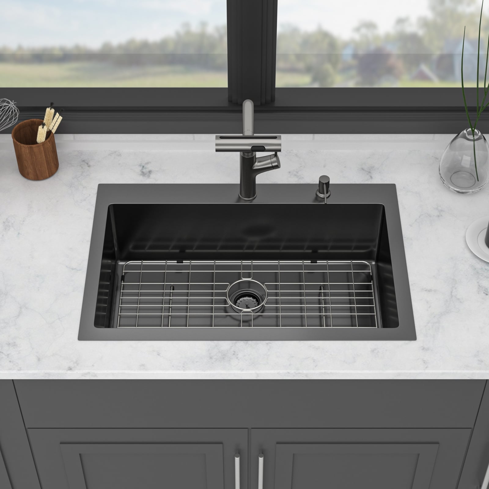 30 Drop In Kitchen Sink With Pull Out Faucet And Soap Dispenser 30X22X10 Inch Single Bowl 16 Gauge Stainless Steel