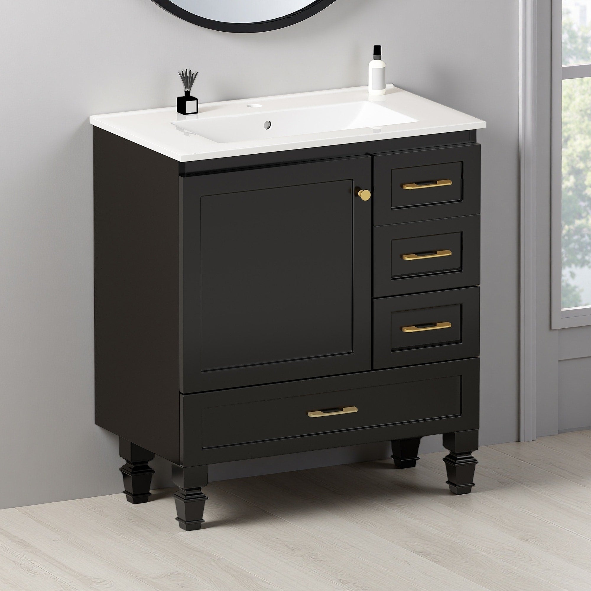 30 Engineered Wood Water Resistant Freestanding Bathroom Vanity With 1 Soft Close Door And 3 Drawers