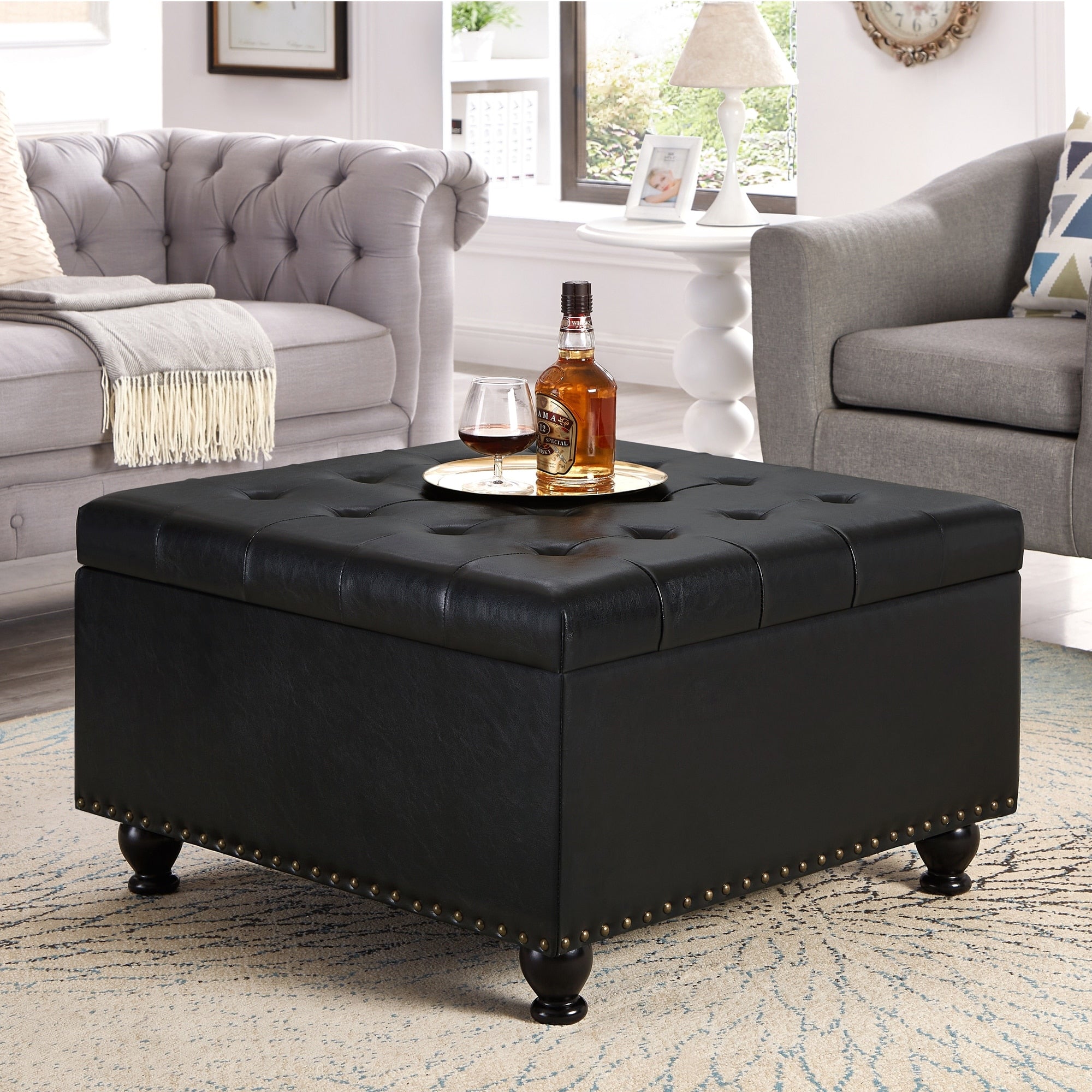 30 Faux Leather Storage Ottoman With Nail Trims Wooden Legs Multi Use