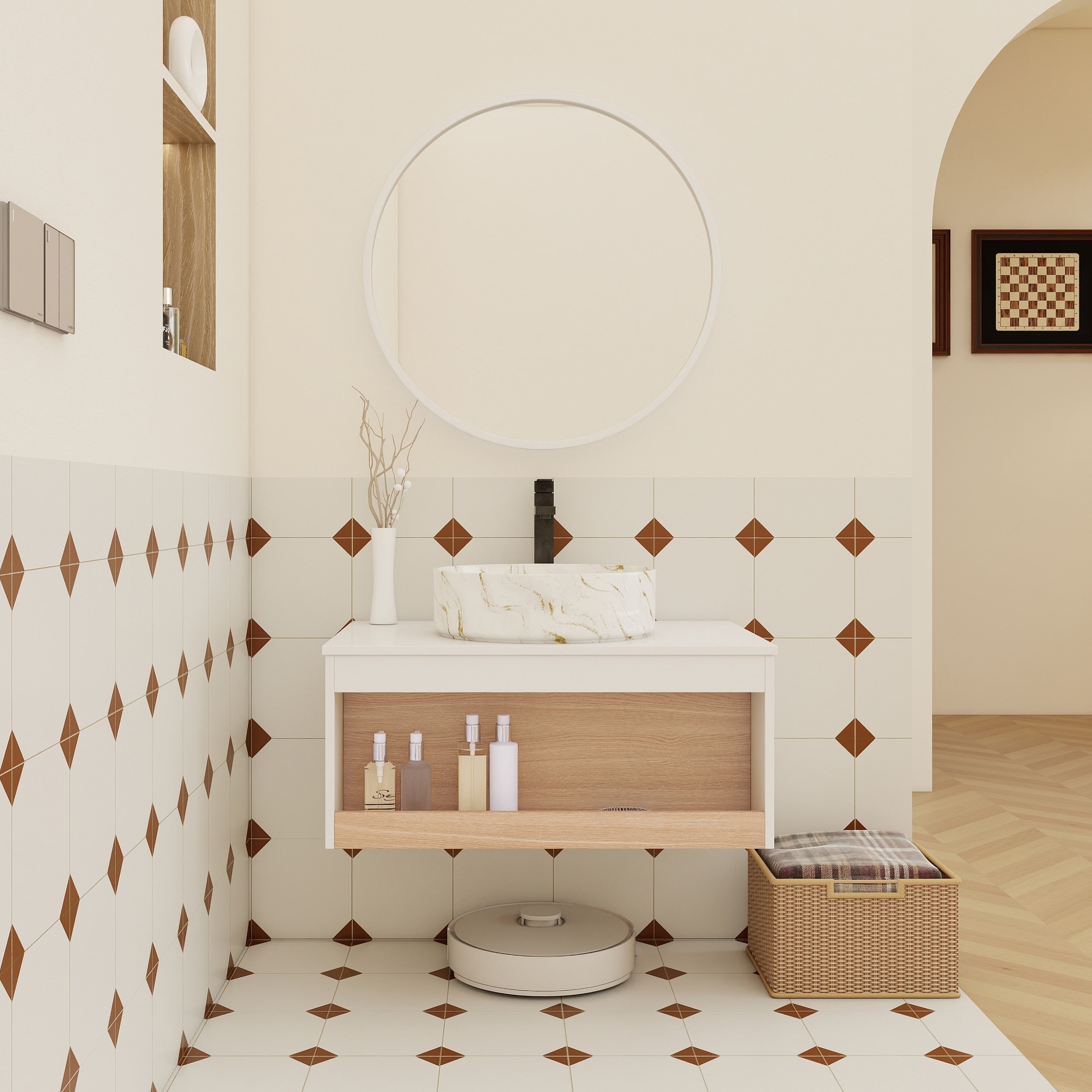 30 Floating Bathroom Vanity With Marble Vessel Sink Wall Mounted Vanity With Open Shelf Storage Space Saving Modern Design