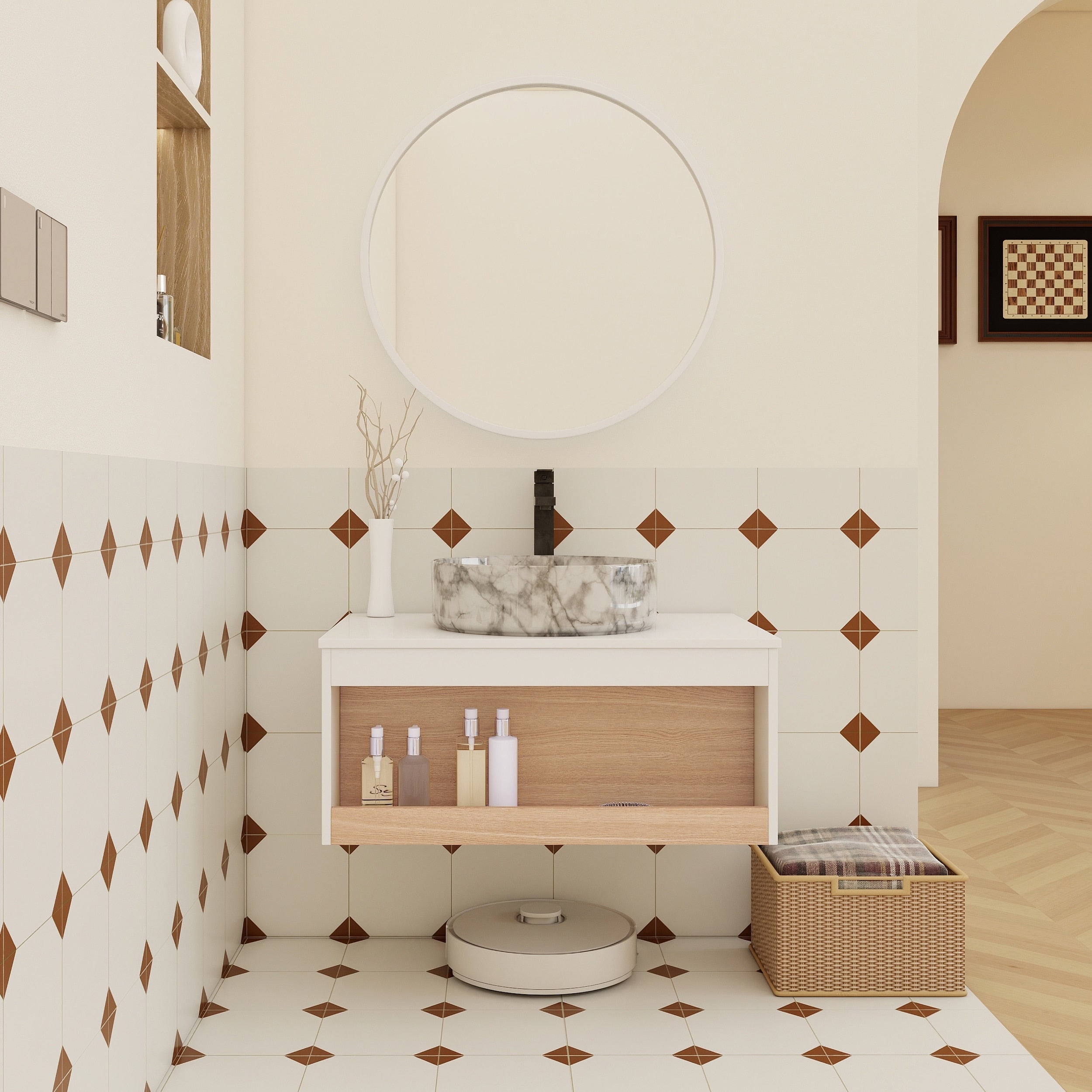 30 Floating Bathroom Vanity With Marble Vessel Sink Wall Mounted Vanity With Open Shelf Storage Space Saving Modern Design