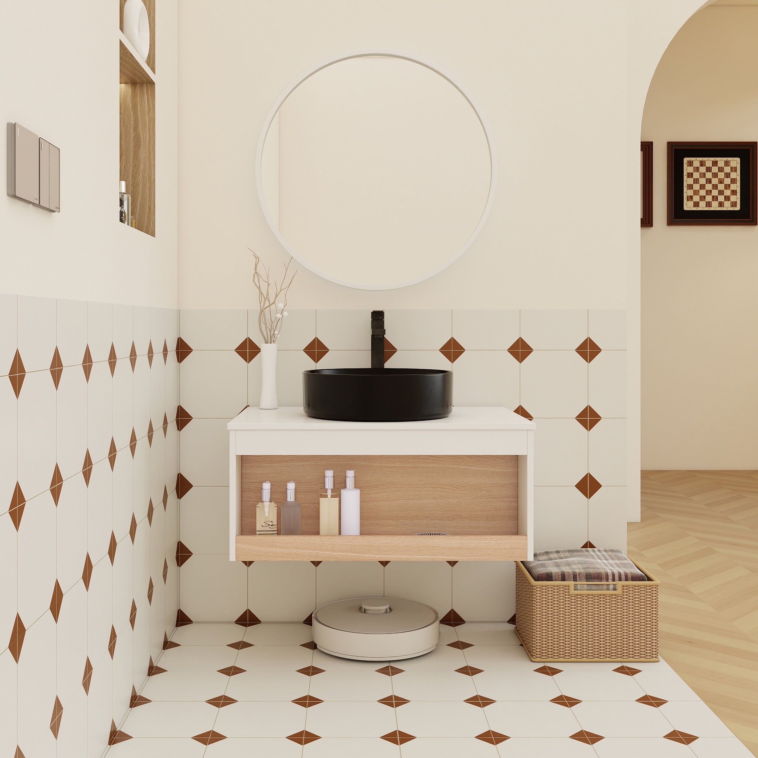 30 Floating Bathroom Vanity With Round Vessel Sink Wall Mounted Vanity With Open Shelf Storage Space Saving Modern Design