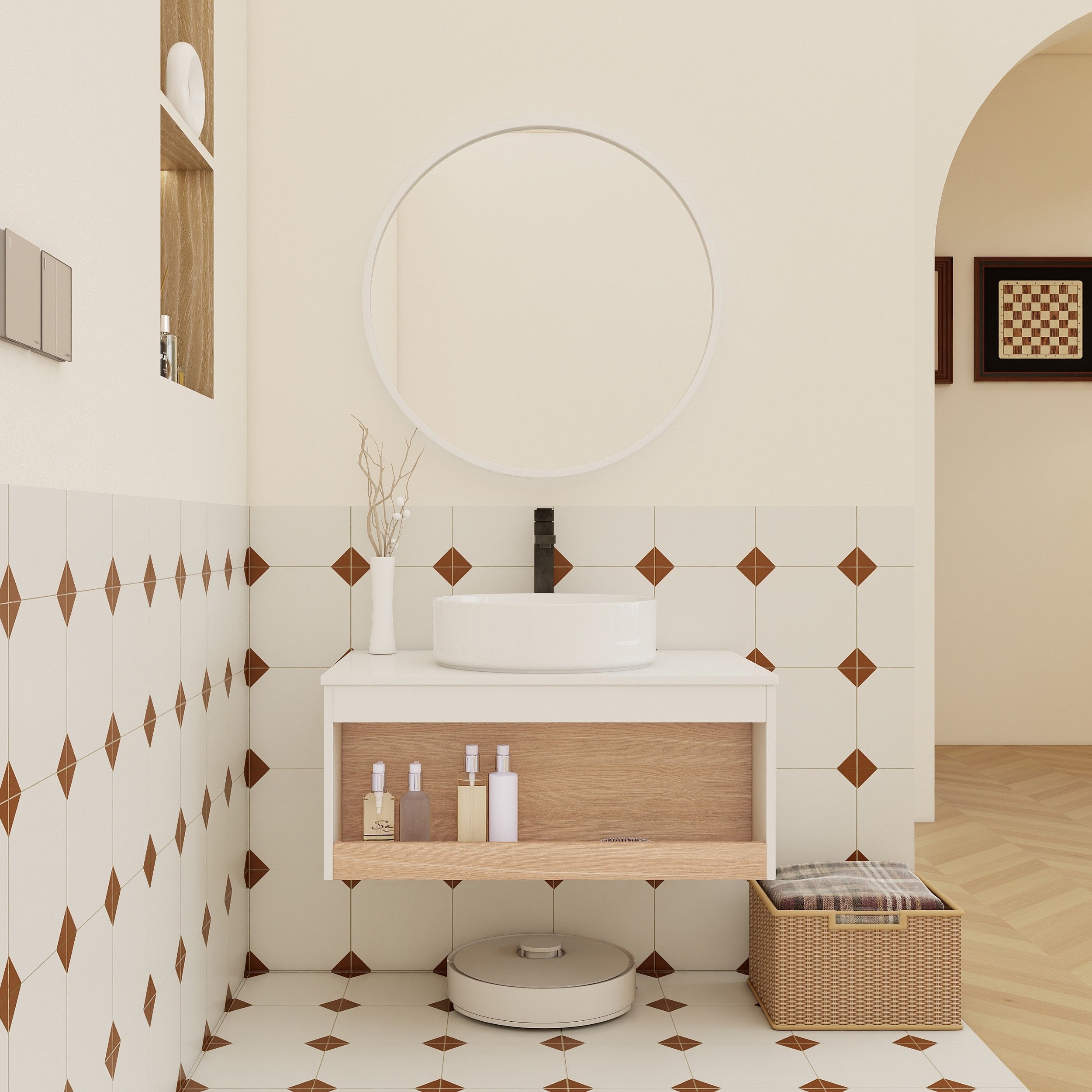 30 Floating Bathroom Vanity With Round Vessel Sink Wall Mounted Vanity With Open Shelf Storage Space Saving Modern Design