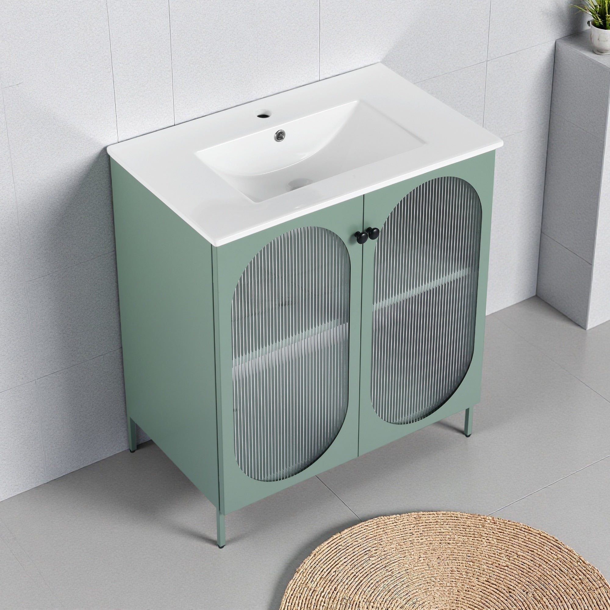 30 Freestanding Bathroom Vanity With Ceramic Sink Cold Rolled Steel Construction Adjustable Storage Metal Handles