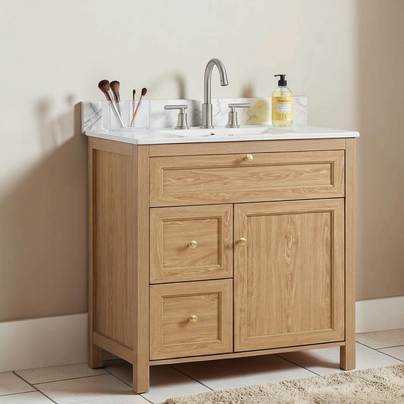 30 Freestanding Bathroom Vanity With Sink Flip Out Drawer Soft Close Drawers Door Gold Accent Handles