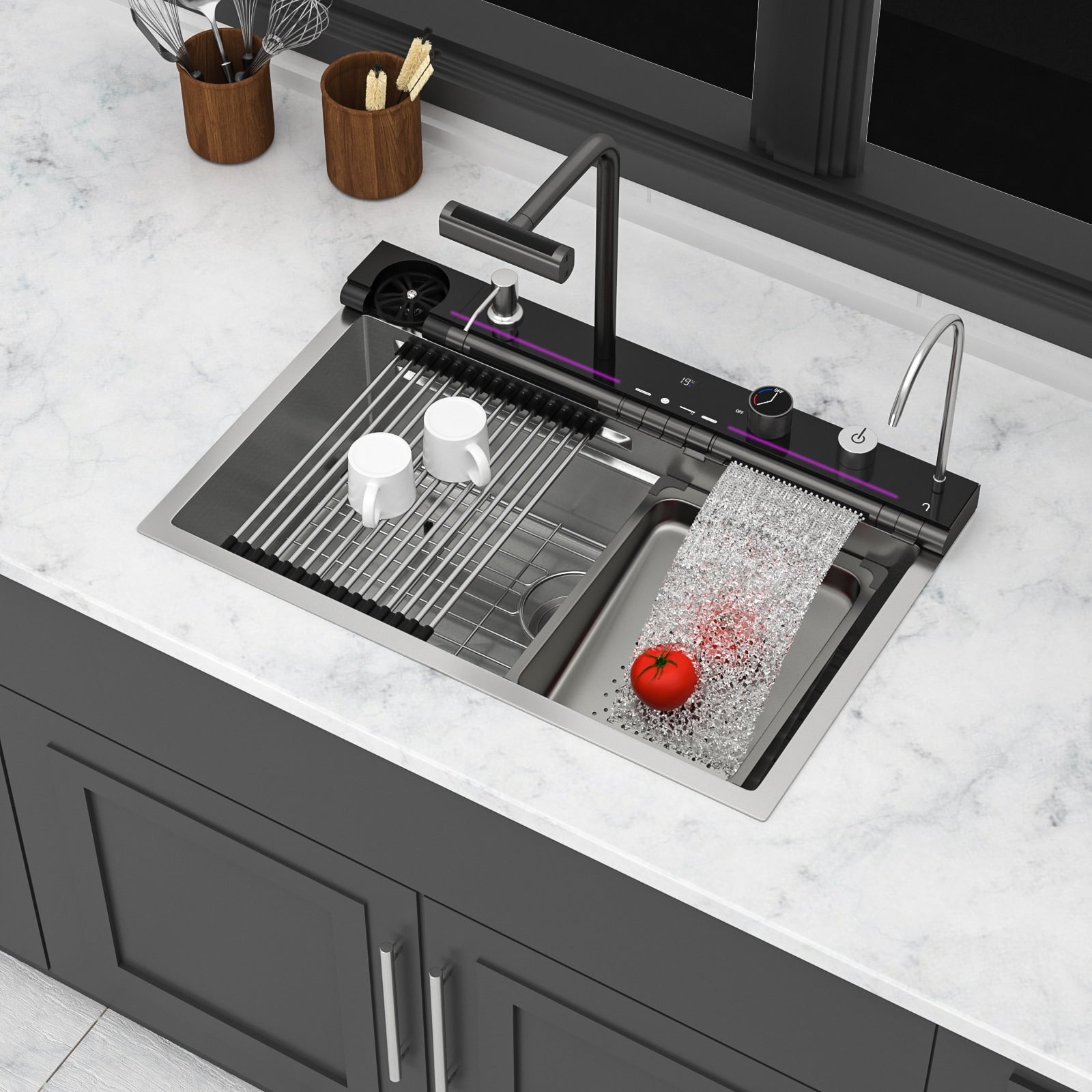 30 Kitchen Sink Waterfall Sink 30X19X9 Inch Multifunction Single Bowl 16 Gauge Stainless Steel Ledge Workstation