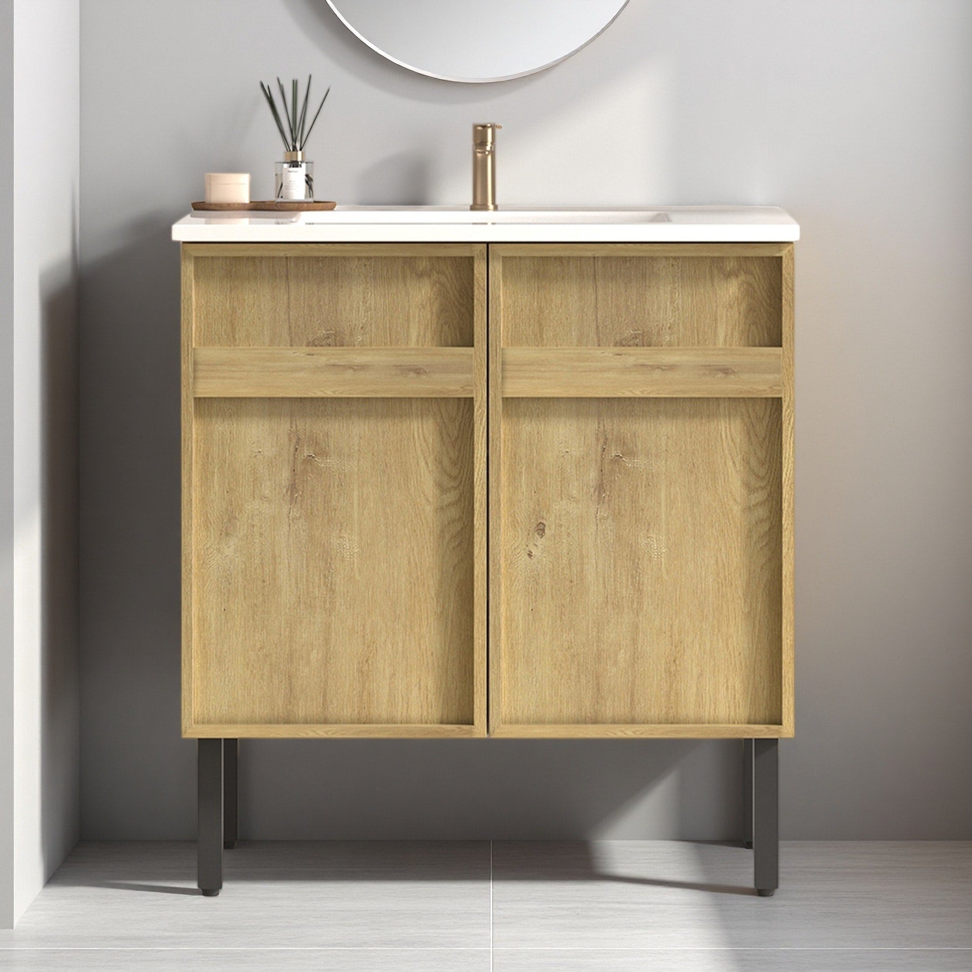 30 Mdf Water Resistant Freestanding Bathroom Vanity With 3D Grooved Panel And Integrated Ceramic Sink